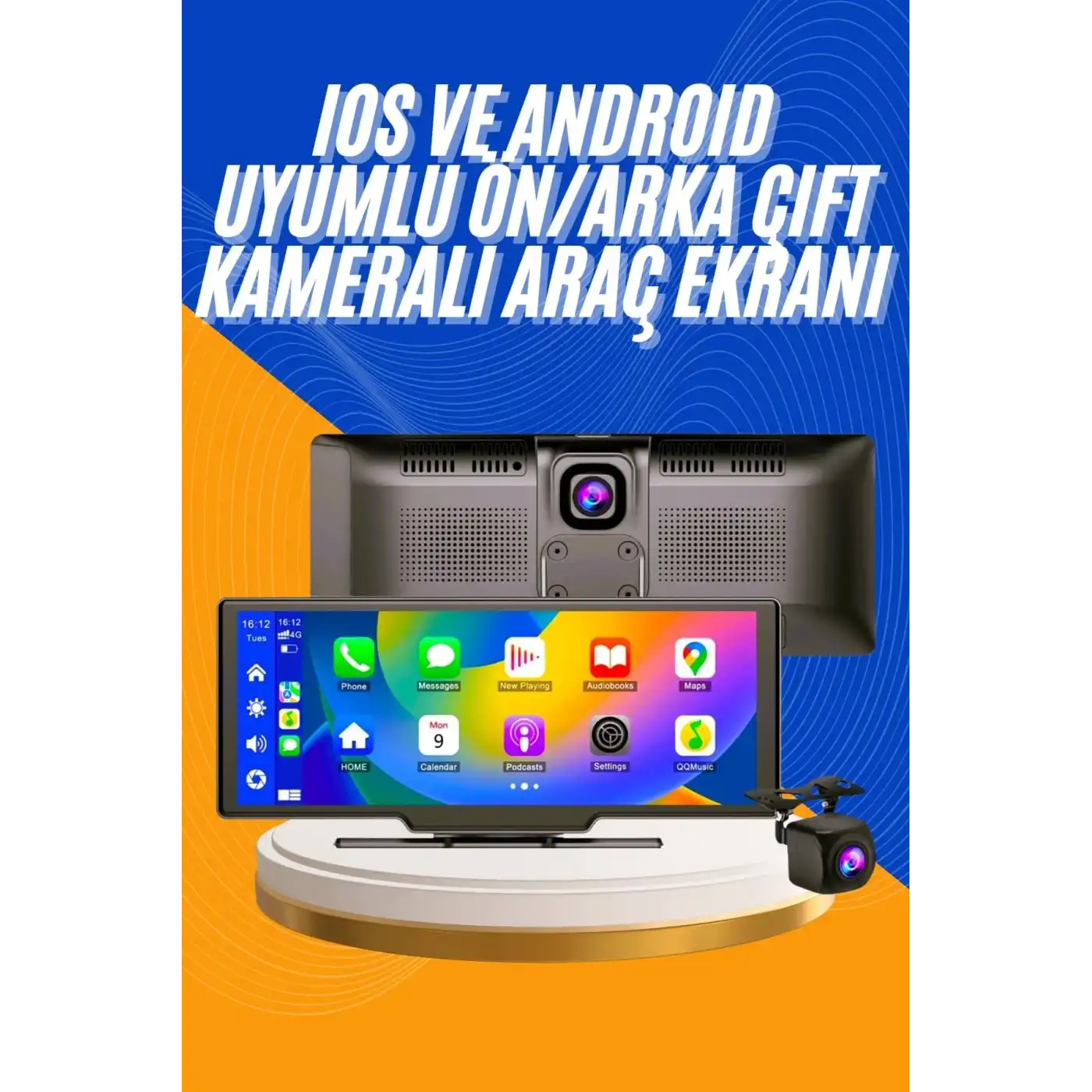 Android ve İOS Uyumlu Ön Arka Çift Kameralı Araç Ekranı Dokunmatik CarPlay