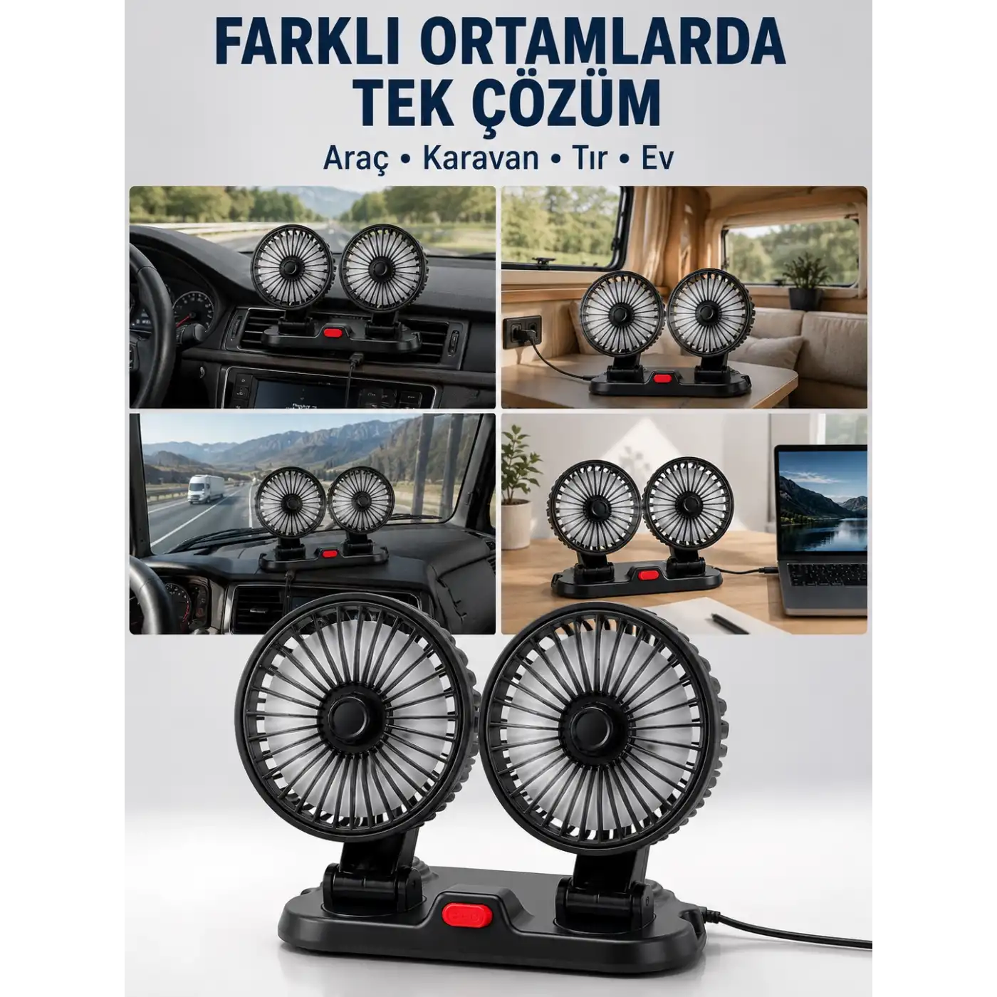 Araç, Karavan ve Tır İçin Çift Fanlı Mini Vantilatör