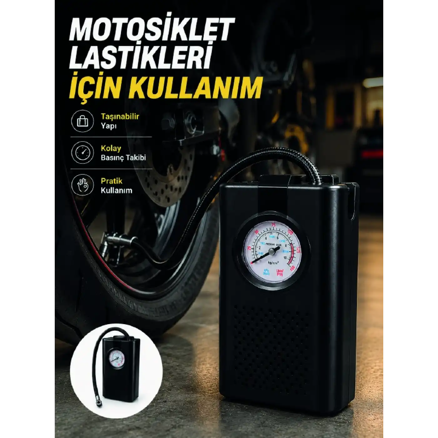 Araç Lastik Şişirme Pompası Taşınabilir Analog Basınç Göstergeli Hava Kompresörü