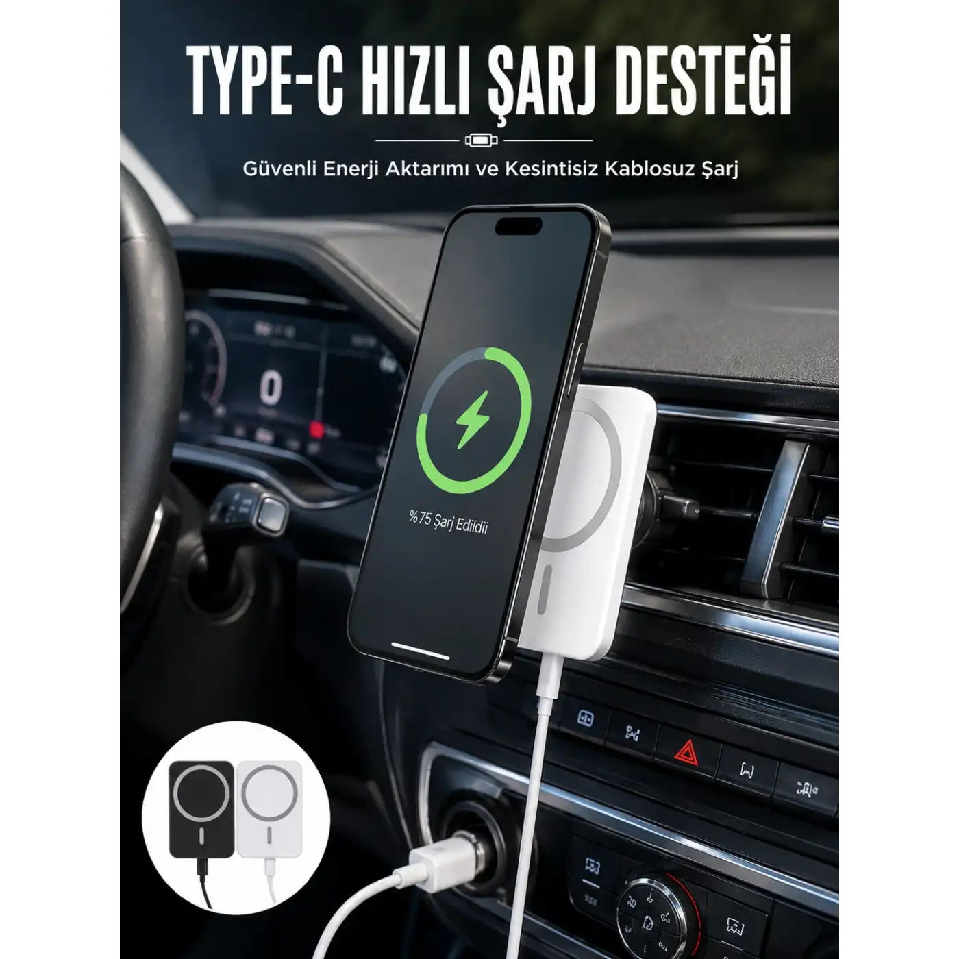 araç uyumlu Kablosuz 15W Taşınabilir Şarj Aleti Çift Kablo Yeni Nesil