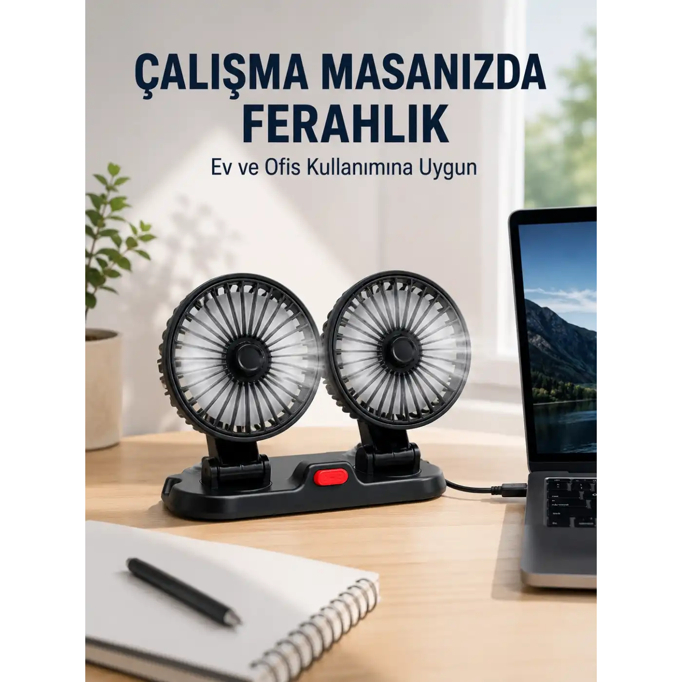 Araç ve Ev Kullanımına Uygun Çift Başlıklı Masaüstü Vantilatör