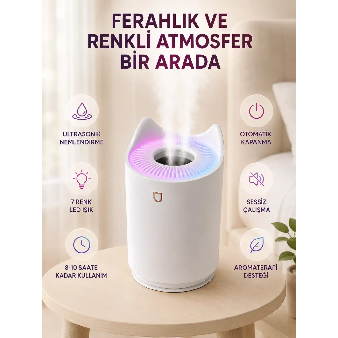 Aroma Difüzör Hava Nemlendirici Sessiz Çalışma LED Gece Lambası