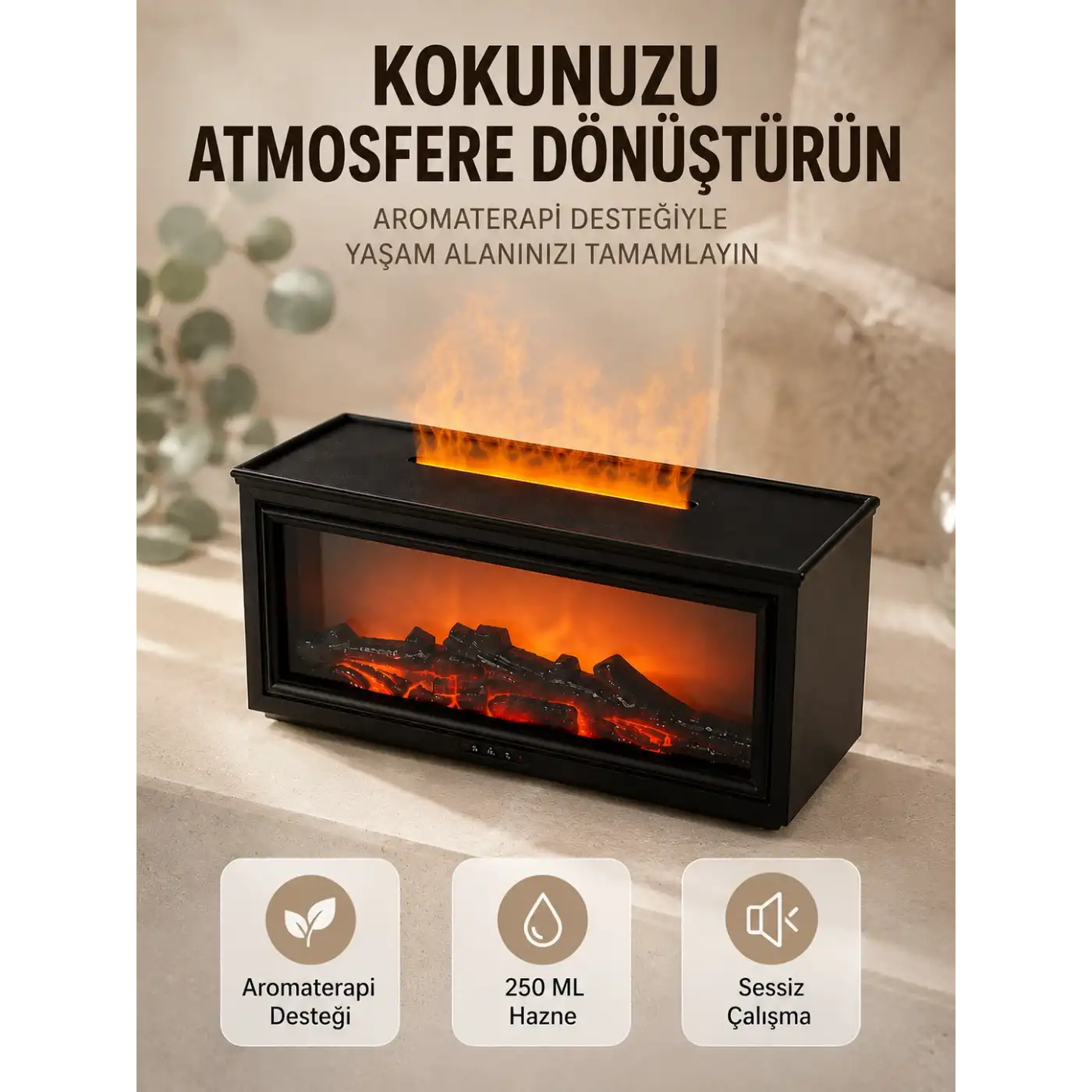 Aroma Difüzörü Simüle Alev Efektli Sessiz Hava Nemlendirici 250 ML
