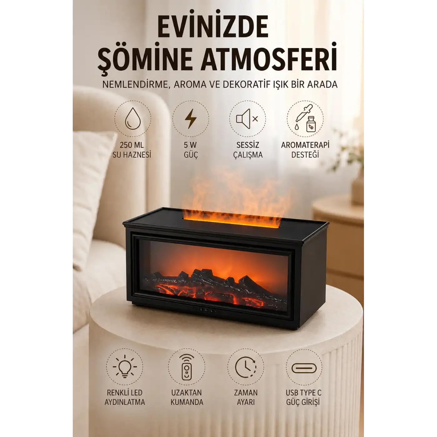 Aroma Difüzörü Simüle Alev Efektli Sessiz Hava Nemlendirici 250 ML