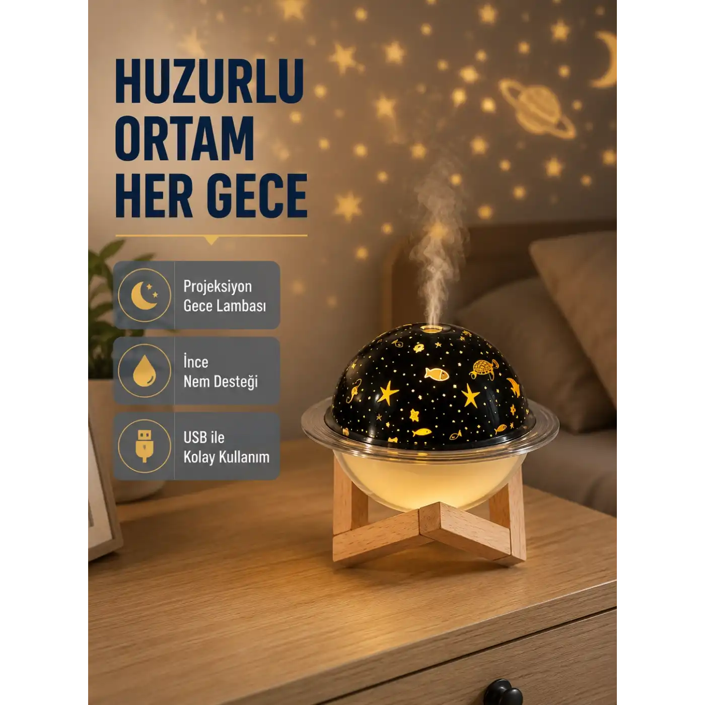 Aromaterapili USB Hava Nemlendirici – Projeksiyon Işıklı, Sessiz ve Şık Tasarım