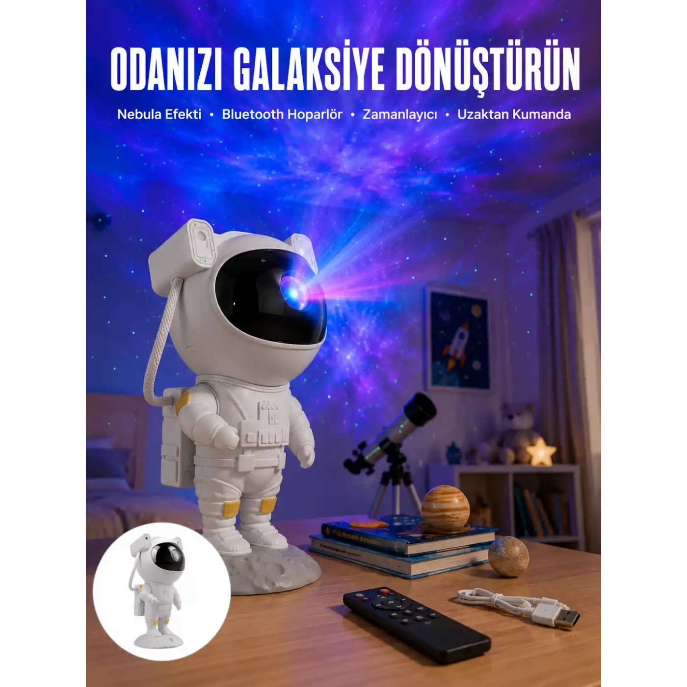 Astronot Bluetooth Hoparlör Gökyüzü Projektör Gece Lambası
