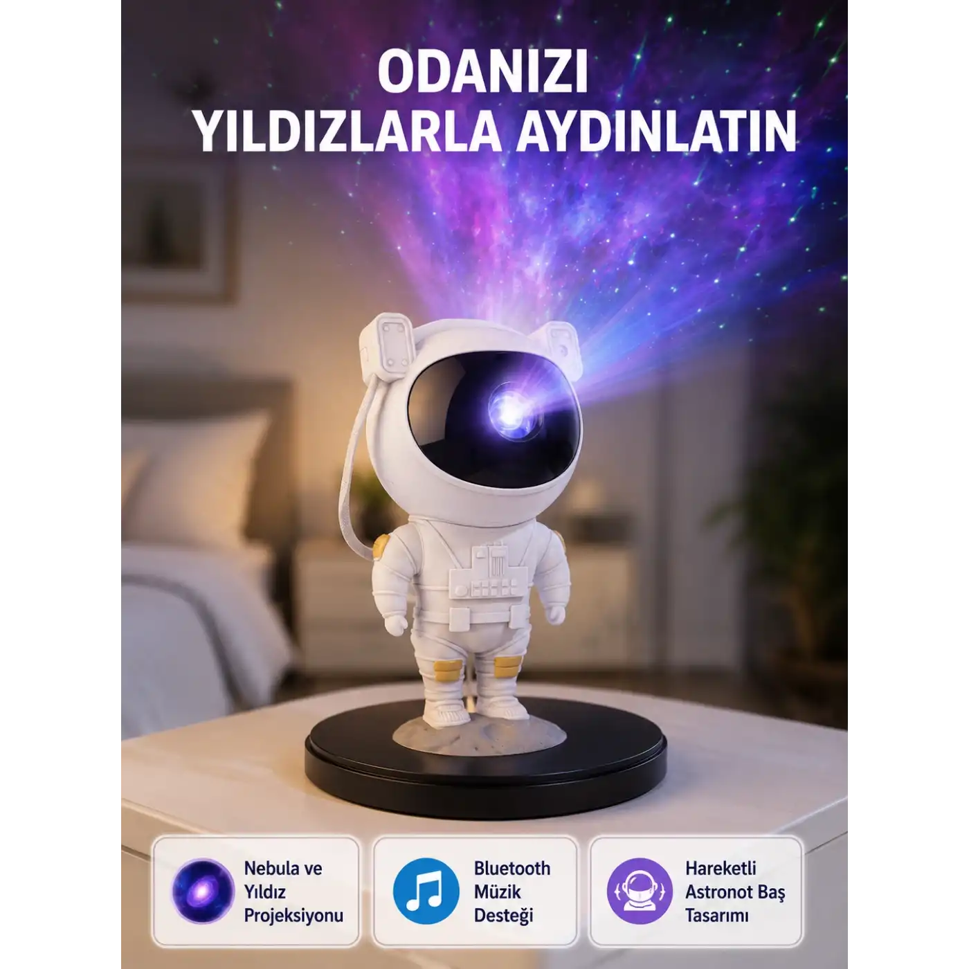 Astronot Projeksiyon Lambası Bluetooth Müzikli ve Uzaktan Kumandalı