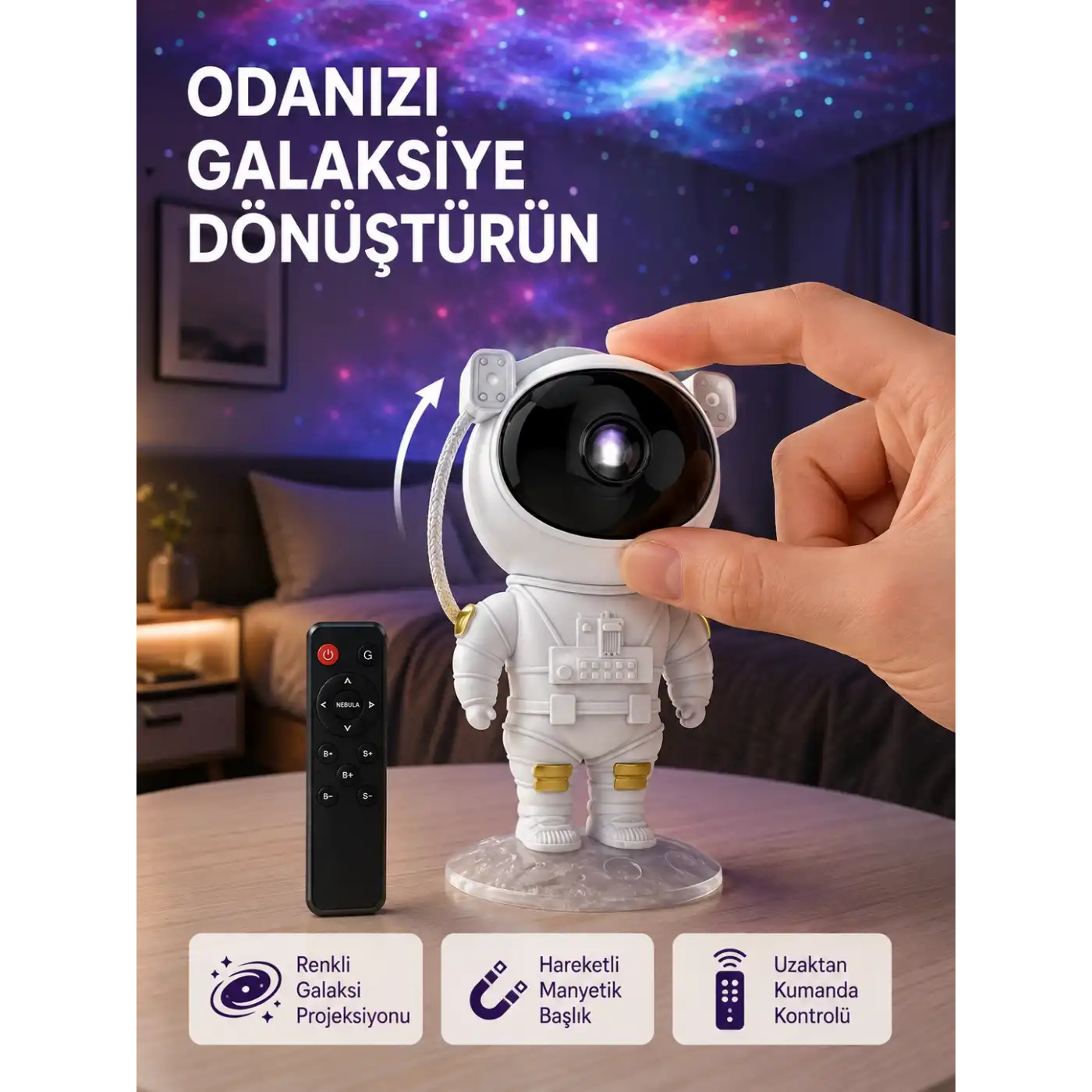 Astronot Şekilli Galaxy Projeksiyon Lambası Nebula Efektli Dekoratif Lamba