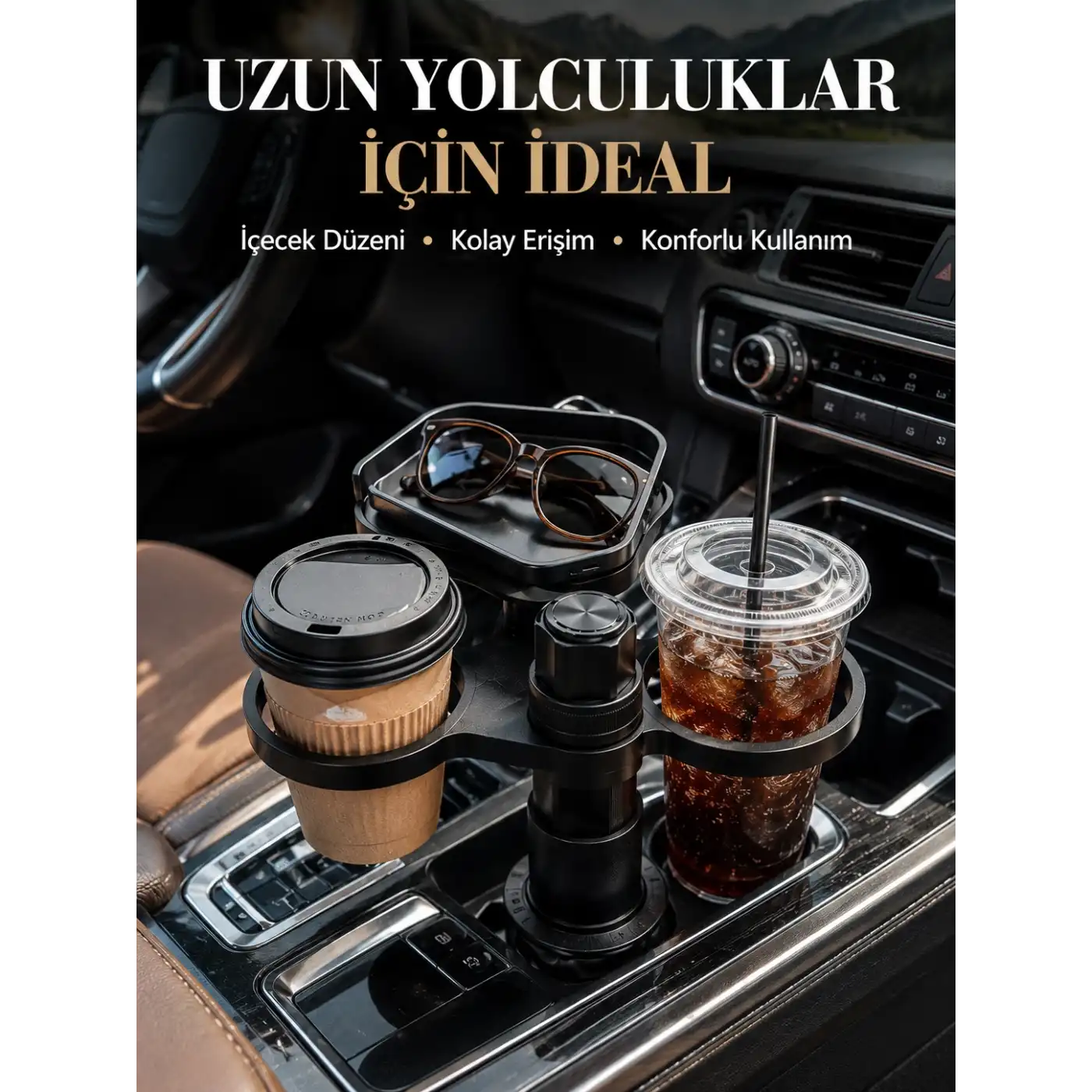 Ayarlanabilir Araç Bardaklık Aparatı Çift İçecek ve Tepsili Tasarım