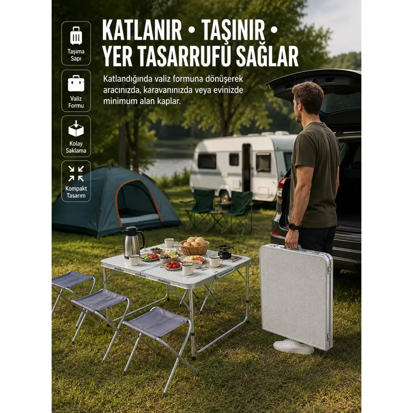 Ayarlanabilir Yükseklikli Kamp ve Piknik Masası 4 Kişilik Katlanabilir Masa Seti