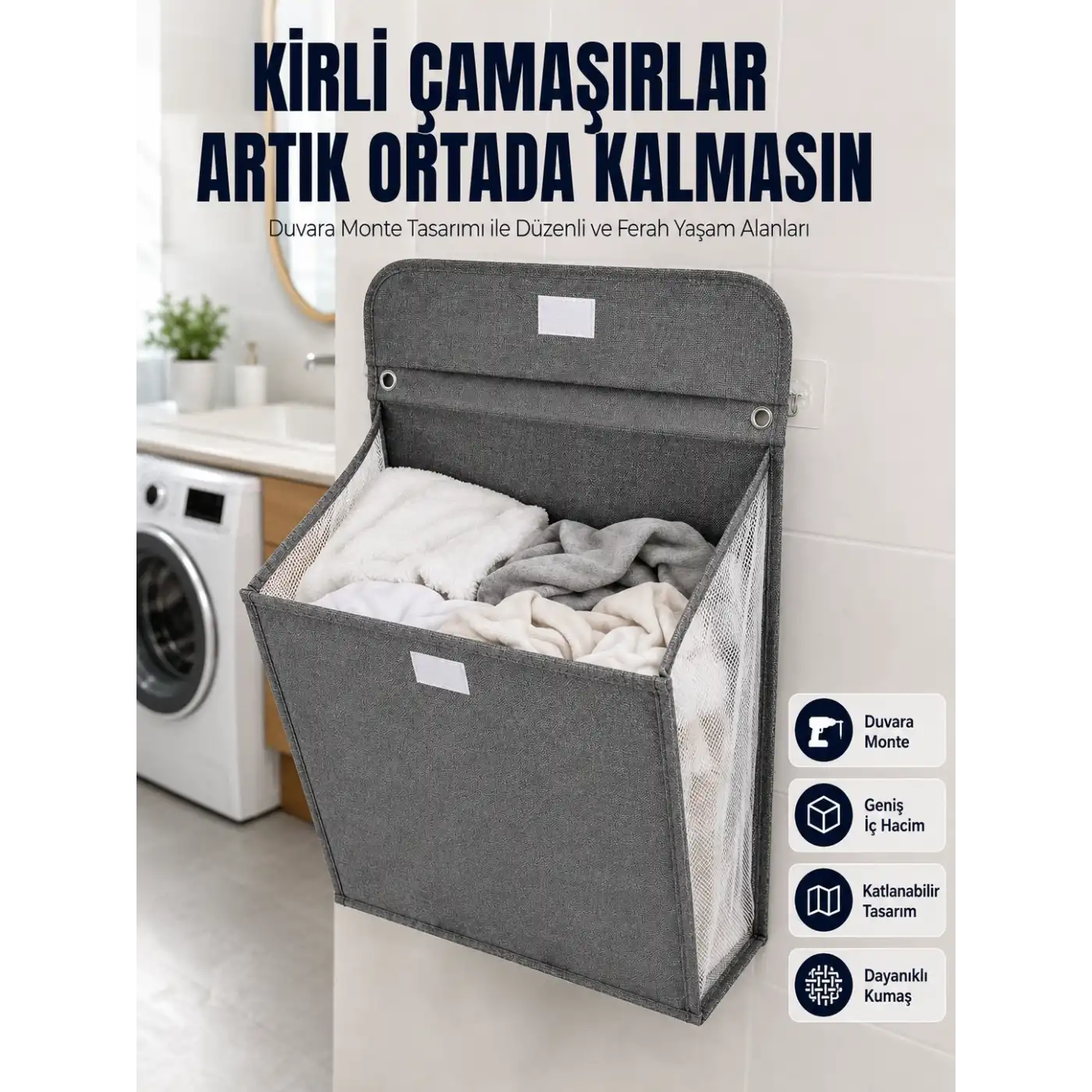 Banyo ve Çamaşır Odası İçin Duvara Asılan Katlanabilir Çamaşır Sepeti