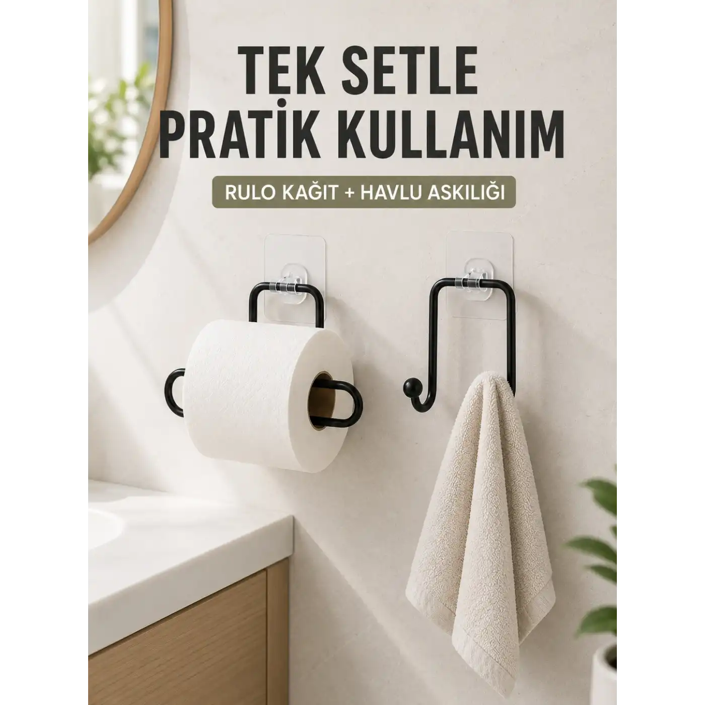 Banyo ve Mutfak İçin Yapışkanlı Havlu Askılığı ve Rulo Kağıt Tutucu Set