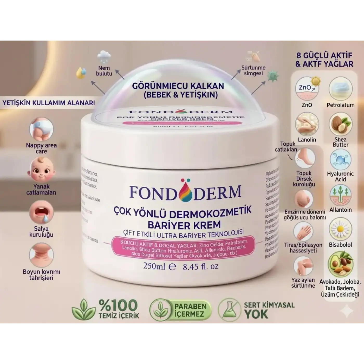 Fondöderm Dermokozmetik Bariyer Krem | Bebek Pişik Kremi ve Yoğun Onarıcı Nemlendirici Doğal Yağlar İçeren Çok Amaçlı Cilt Bakım Kremi