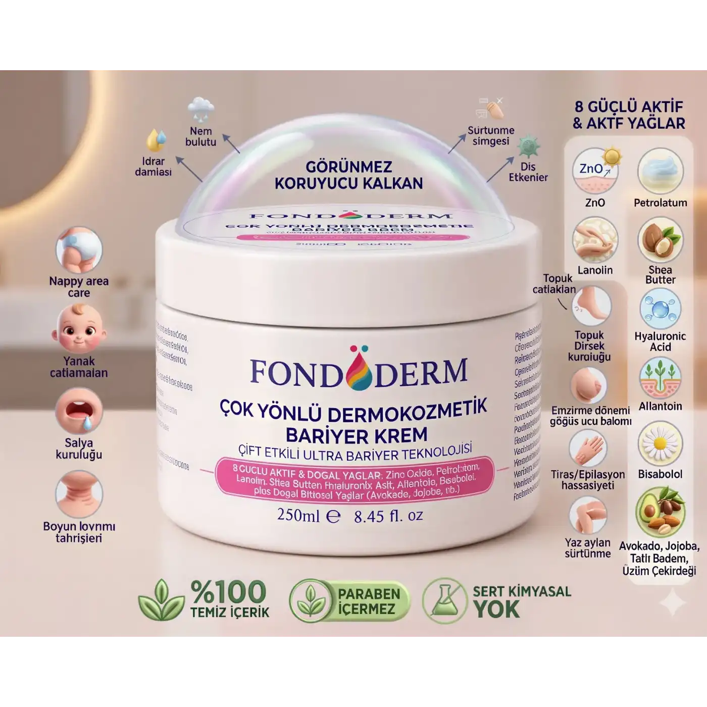Fondöderm Dermokozmetik Bariyer Krem | Bebek Pişik Kremi ve Yoğun Onarıcı Nemlendirici Doğal Yağlar İçeren Çok Amaçlı Cilt Bakım Kremi