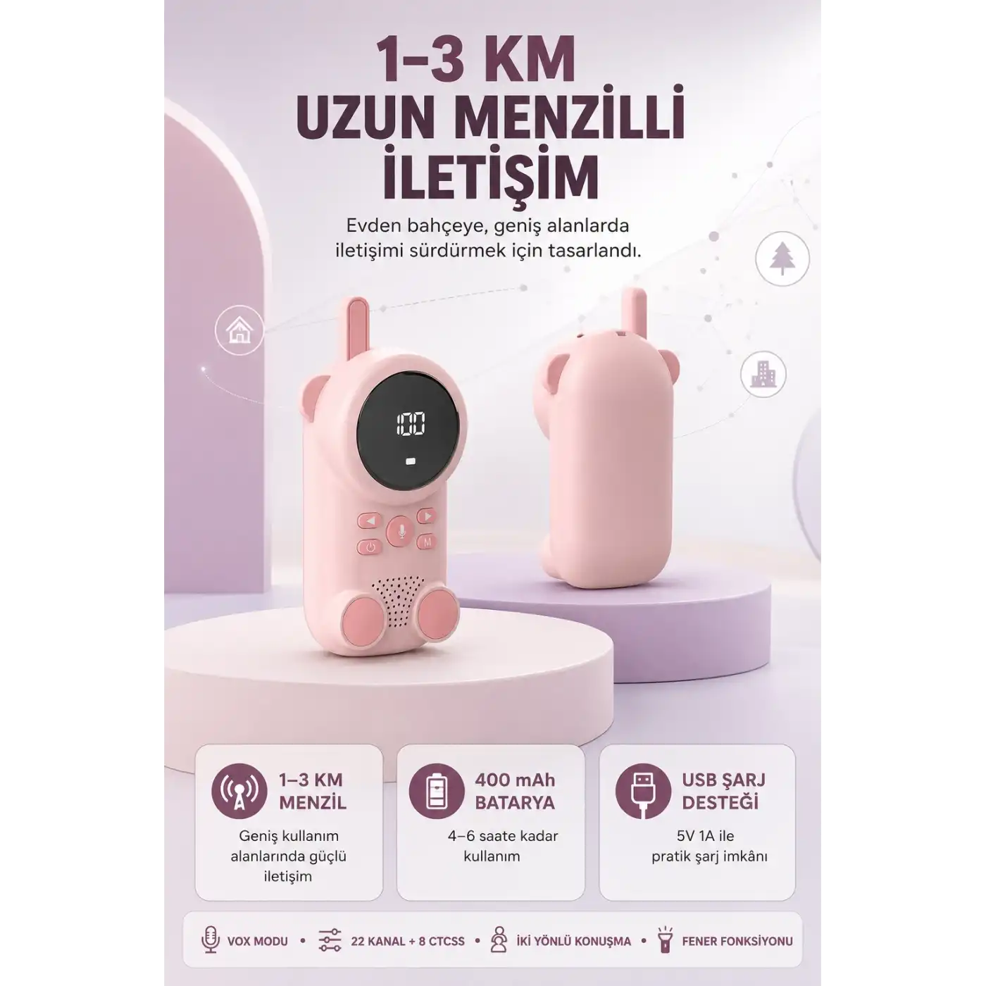 Bebek Telsizi LCD Ekran VOX İki Yönlü İletişim USB Şarj Hafif