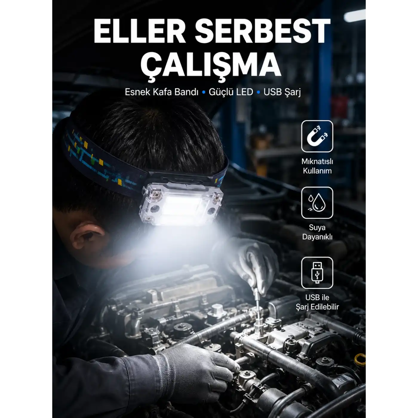Beyaz Led Işık Sensörlü Kafa Lambası Lityum Batarya Led El Fenerli Şarjlı