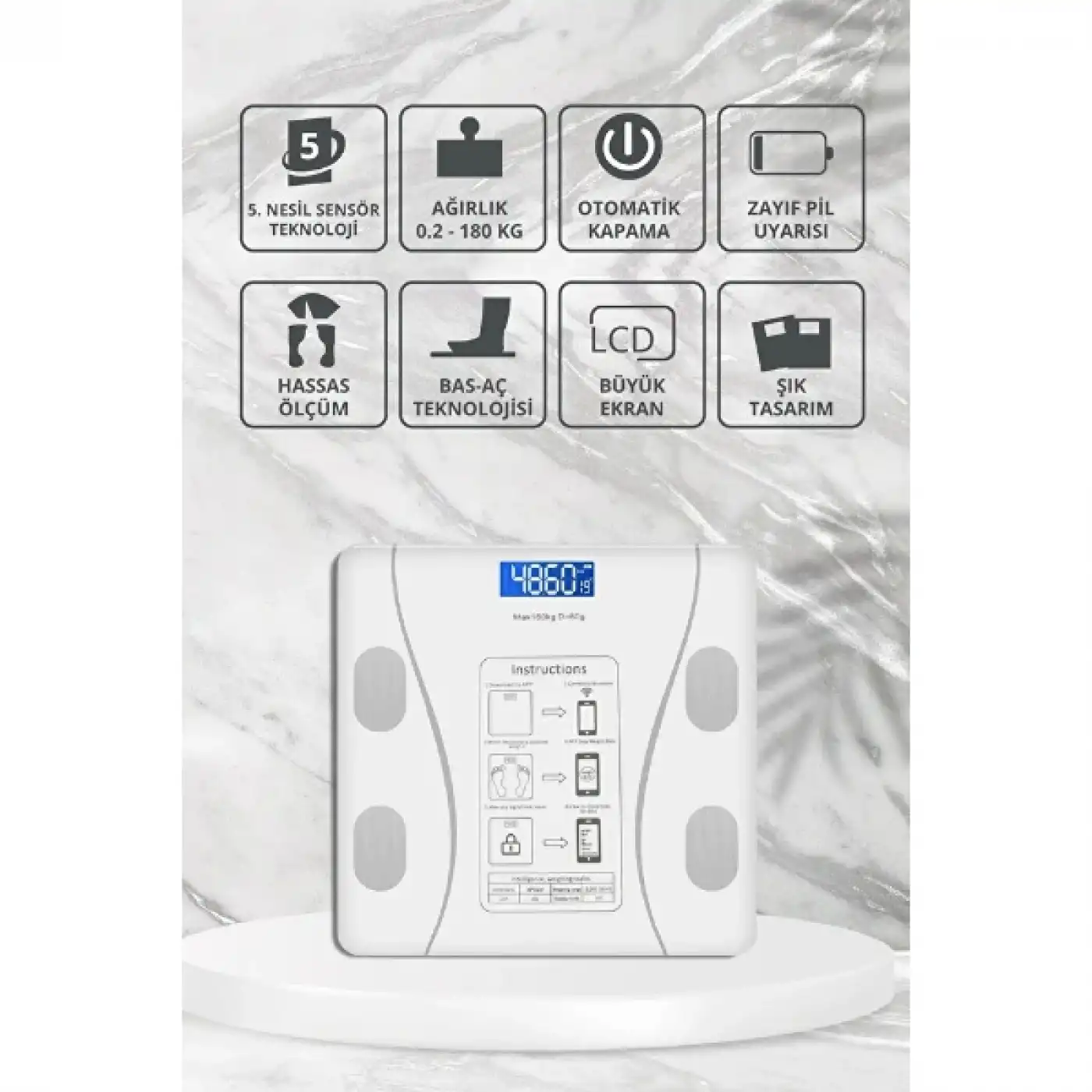 Beyaz Renk Bluetooth Özellikli Akıllı Tartı