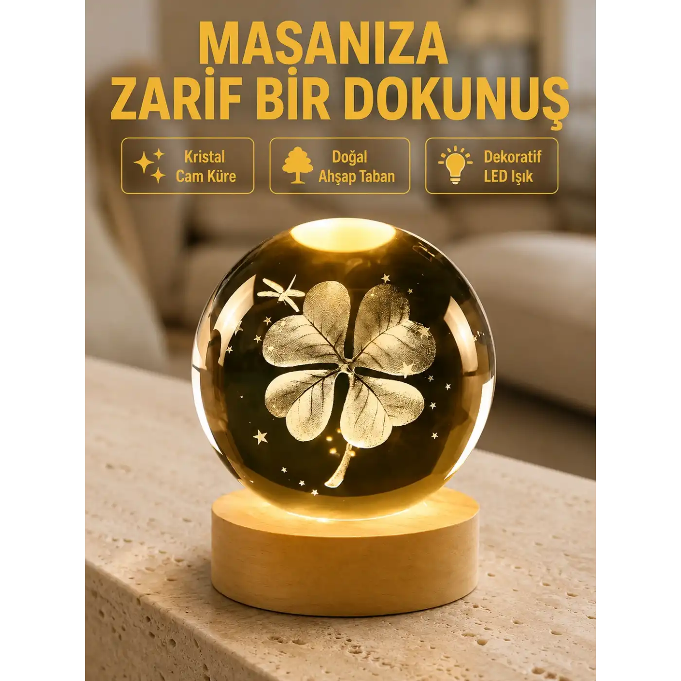 Bitki Temalı LED Işıklı Cam Küre Ahşap Standlı Modern Gece Lambası