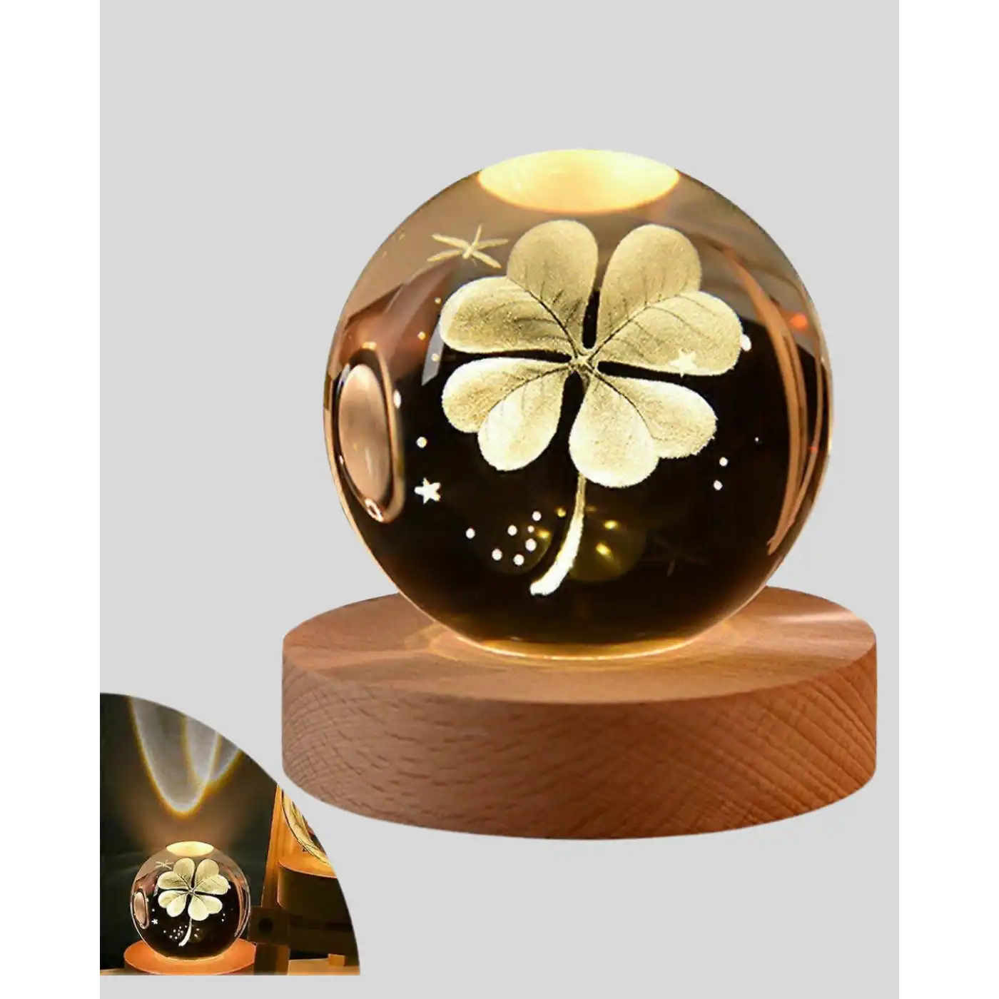 Bitki Temalı LED Işıklı Cam Küre Ahşap Standlı Modern Gece Lambası