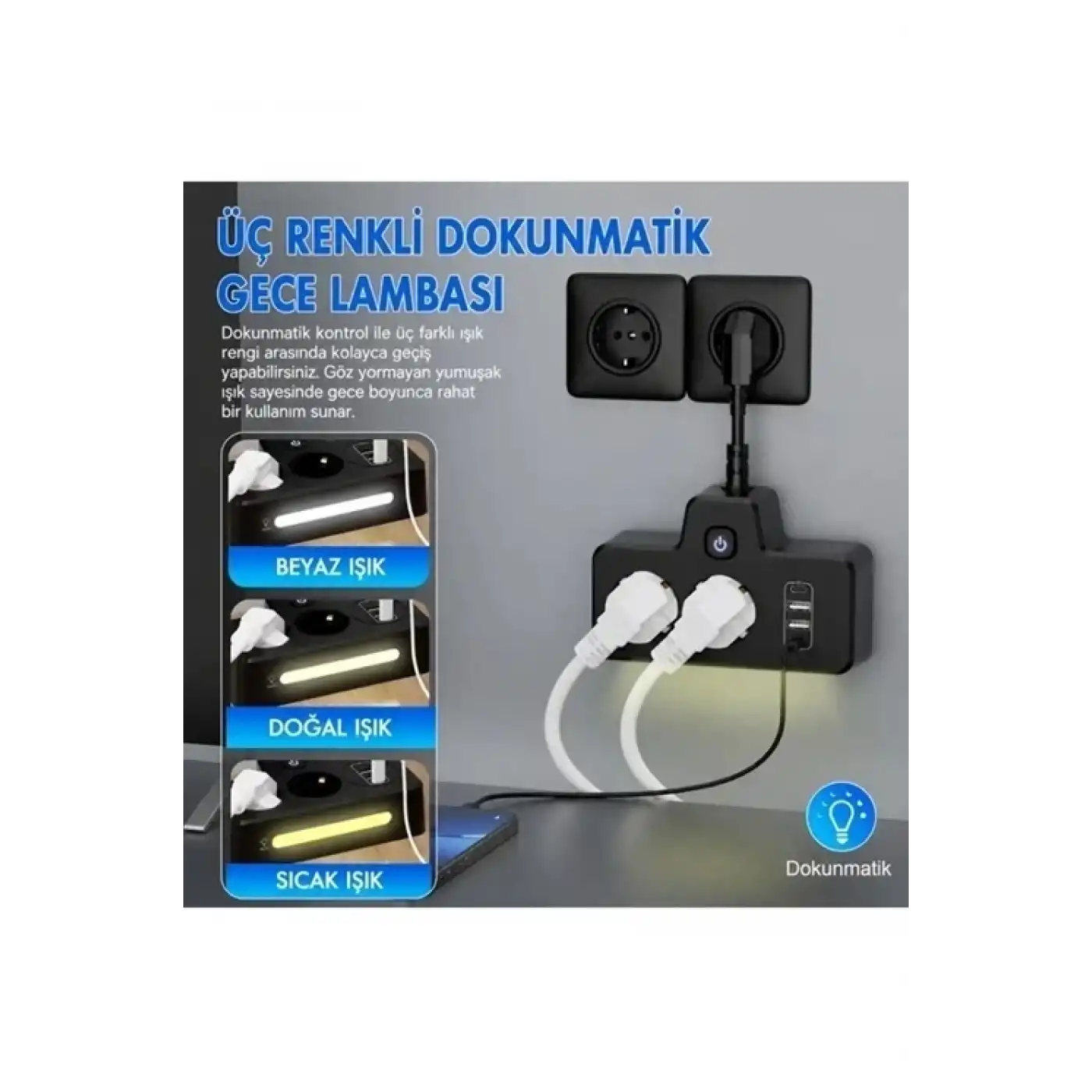 Bkl-502 Akım Korumalı 2li Priz 2 Usb Ve 2 Type-c Çıkış 4000w Hızlı Şarj Duvar Tipi Dokunmatik Led Aydınlatmalı