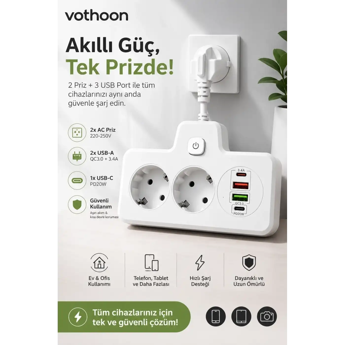 Bkl-502 Akım Korumalı 2li Priz 2 Usb Ve 2 Type-c Çıkış 4000w Hızlı Şarj Duvar Tipi Dokunmatik Led Aydınlatmalı