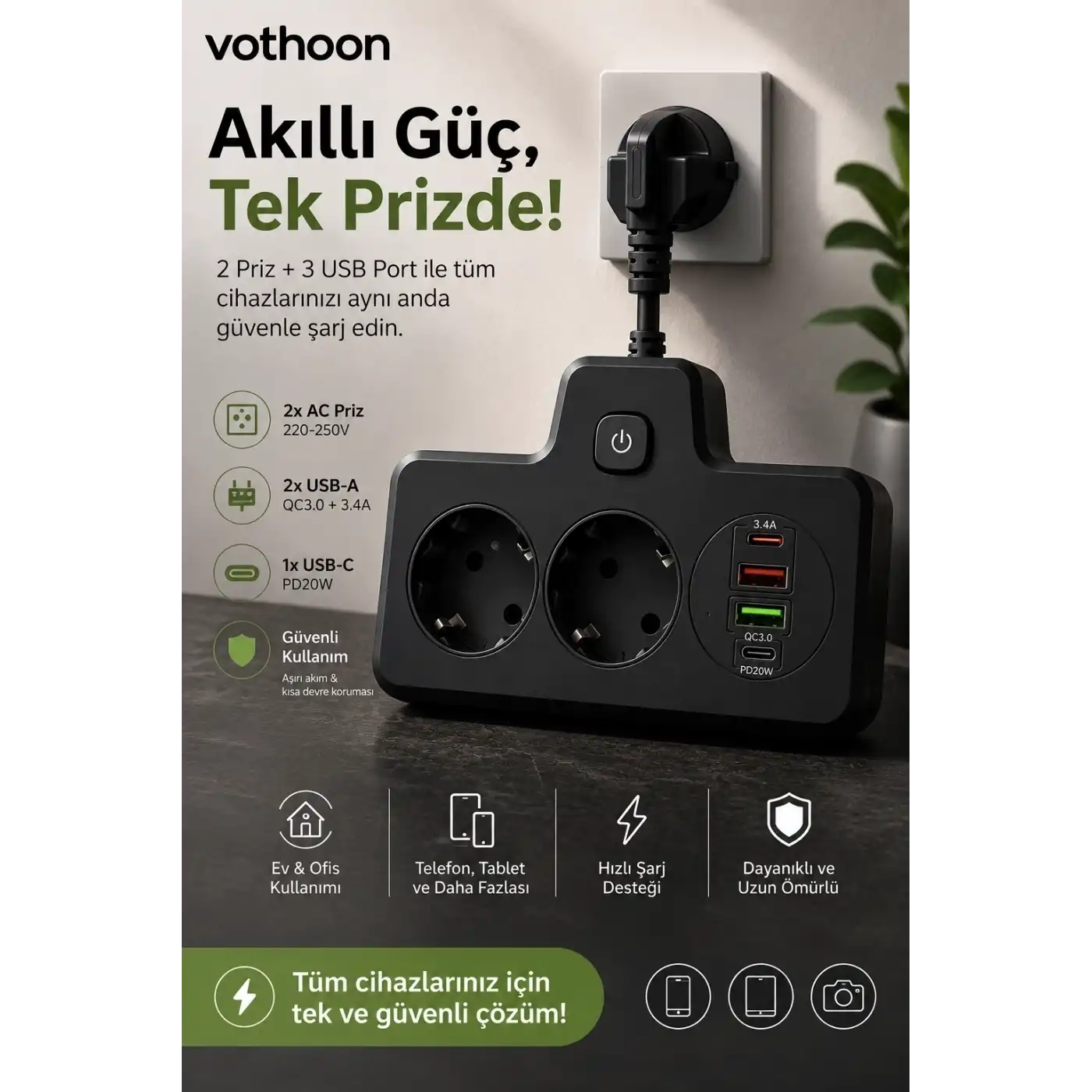 Bkl-502 Akım Korumalı 2li Priz 2 Usb Ve 2 Type-c Çıkış 4000w Hızlı Şarj Duvar Tipi Dokunmatik Led Aydınlatmalı