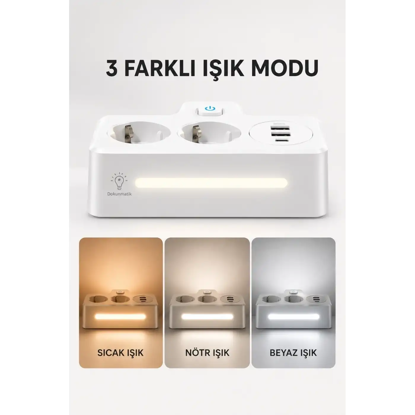 Bkl-502 Akım Korumalı 2li Priz 2 Usb Ve 2 Type-c Çıkış 4000w Hızlı Şarj Duvar Tipi Dokunmatik Led Aydınlatmalı