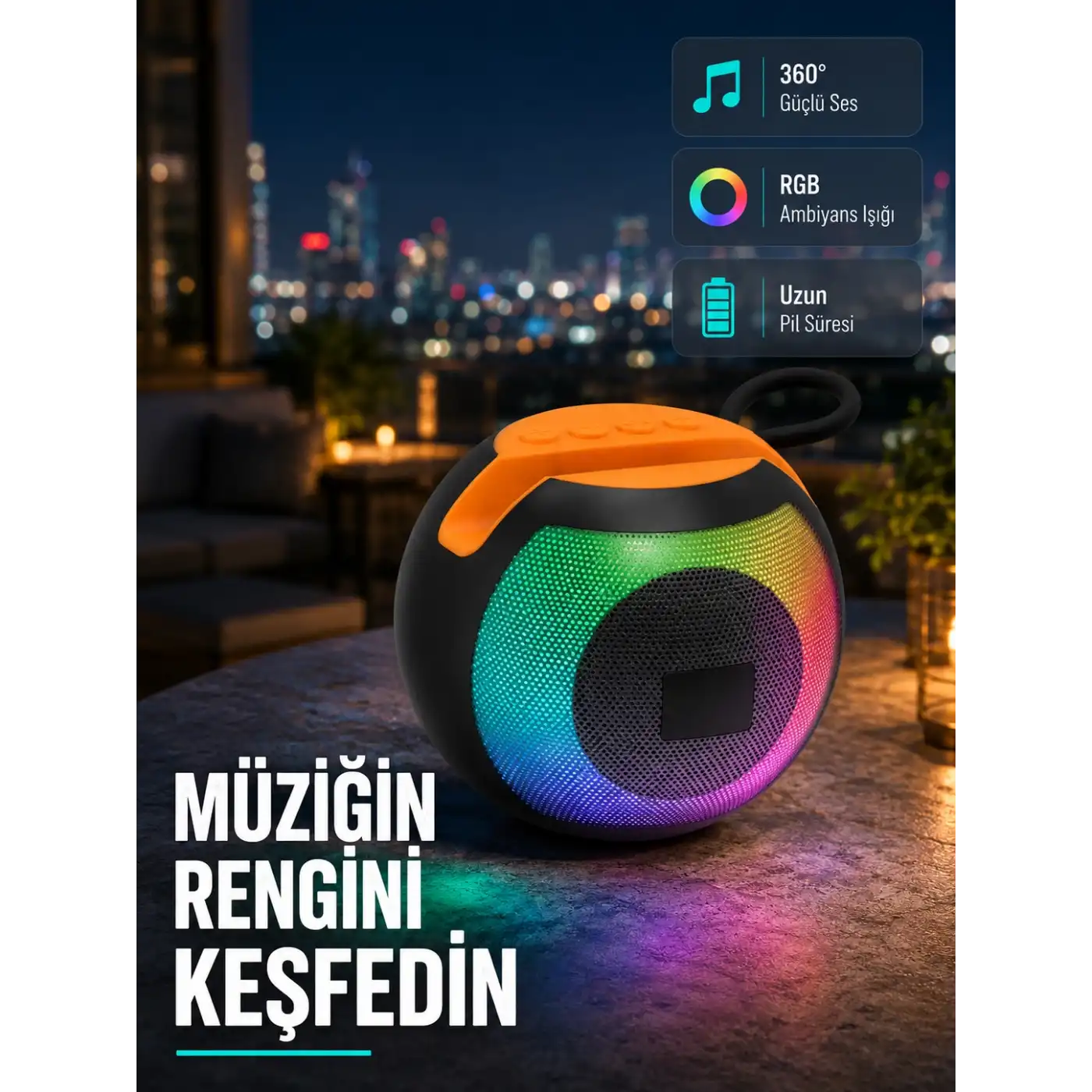 Bluetooth 5.0 Hoparlör – RGB Işıklı, Güçlü Bas ve 360° Surround Ses
