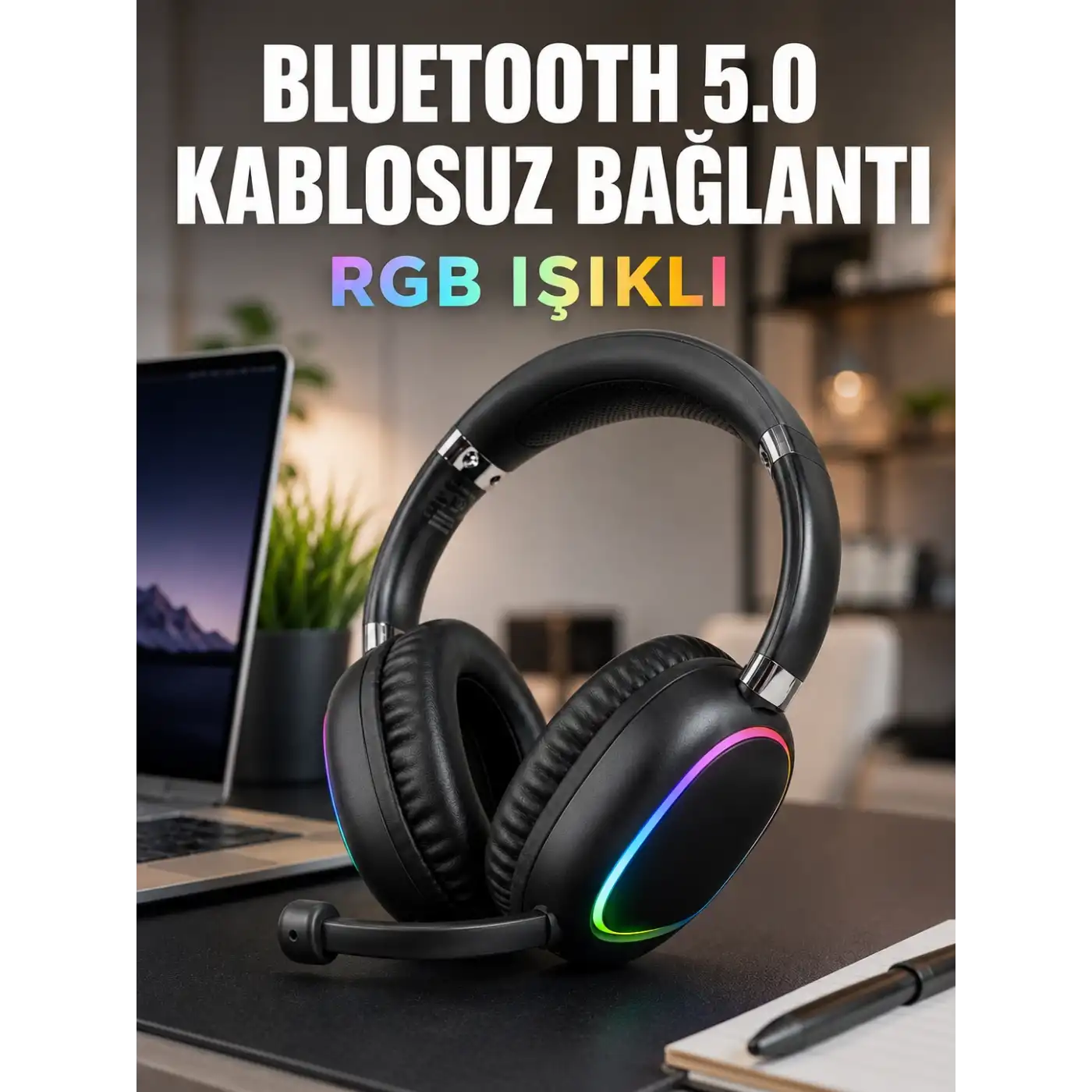 Bluetooth 5.0 Kablosuz Kulak Üstü Kulaklık Mikrofonlu RGB Aydınlatmalı