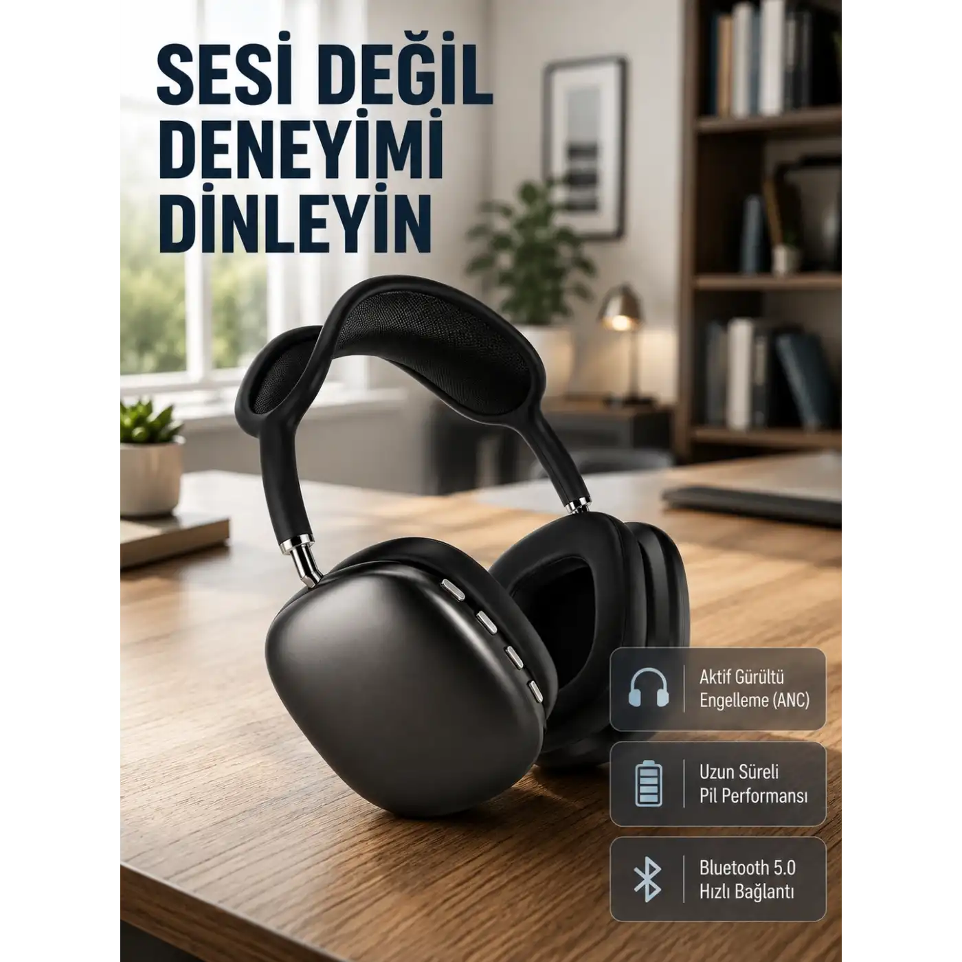 Bluetooth 5.0 Kulak Üstü Kulaklık – Gürültü Engelleme, Uzamsal Ses, Hızlı Şarj