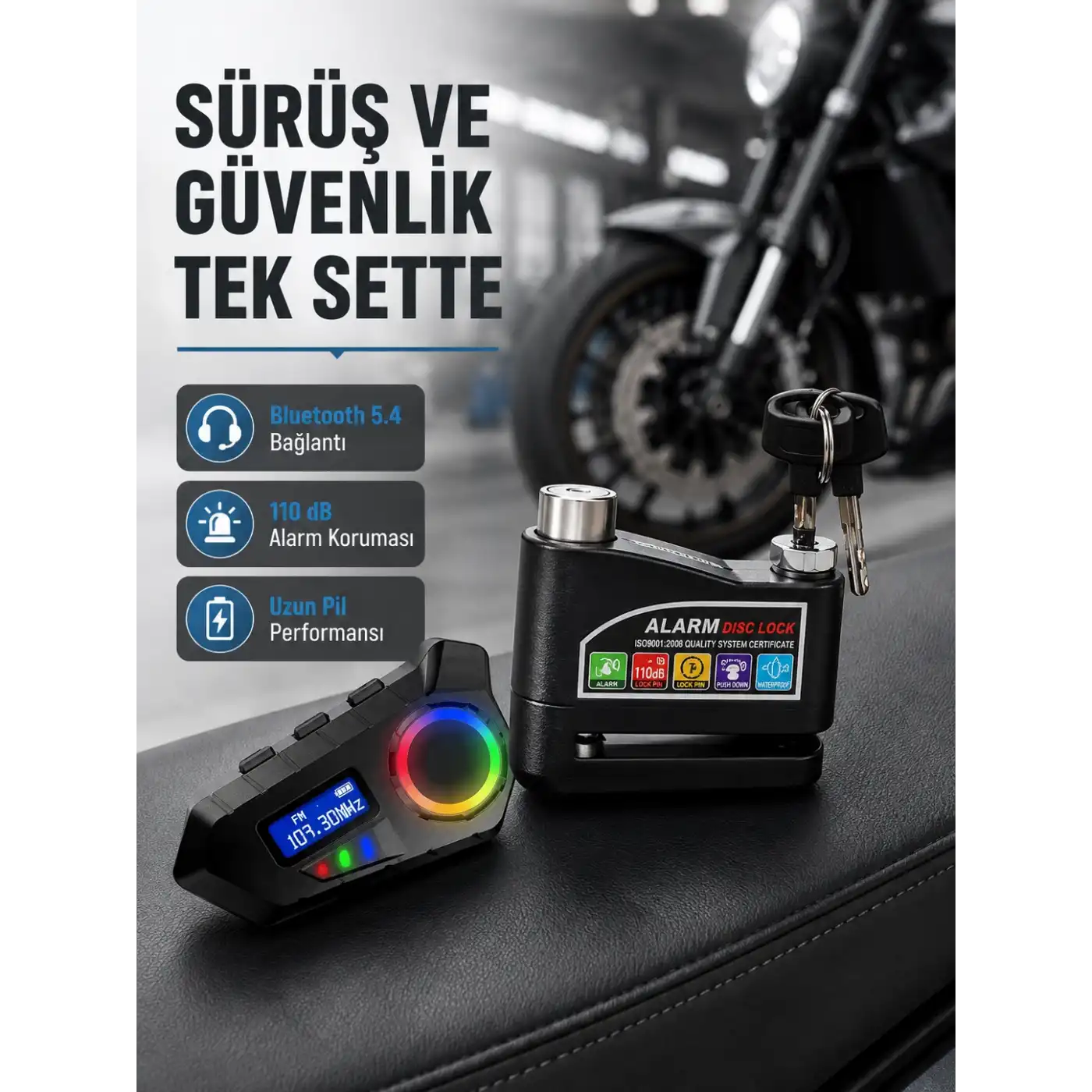 Bluetooth 5.4 İntercom ve Alarmlı Disk Kilidi Seti Güçlü Ses ve Güvenlik