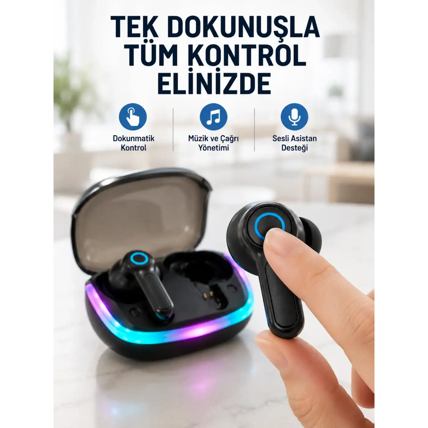 Bluetooth 5.4 TWS Kablosuz Kulaklık Quad ENC Mikrofonlu RGB Şarj Kutulu HD Ses