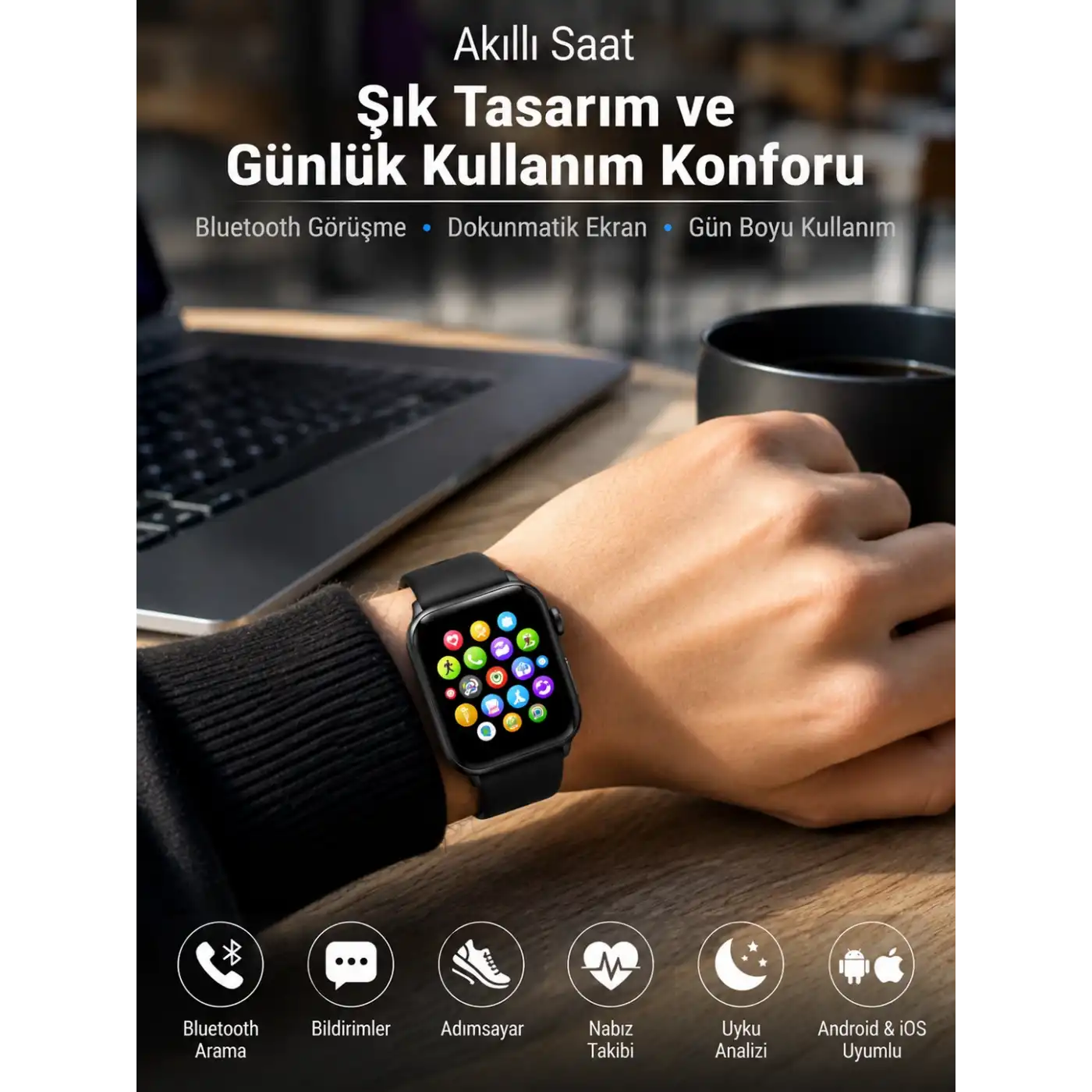 Bluetooth Arama, Akıllı Bildirimler ve Günlük Sağlık Takibi Sunan Şık Tasarımlı Akıllı Saat