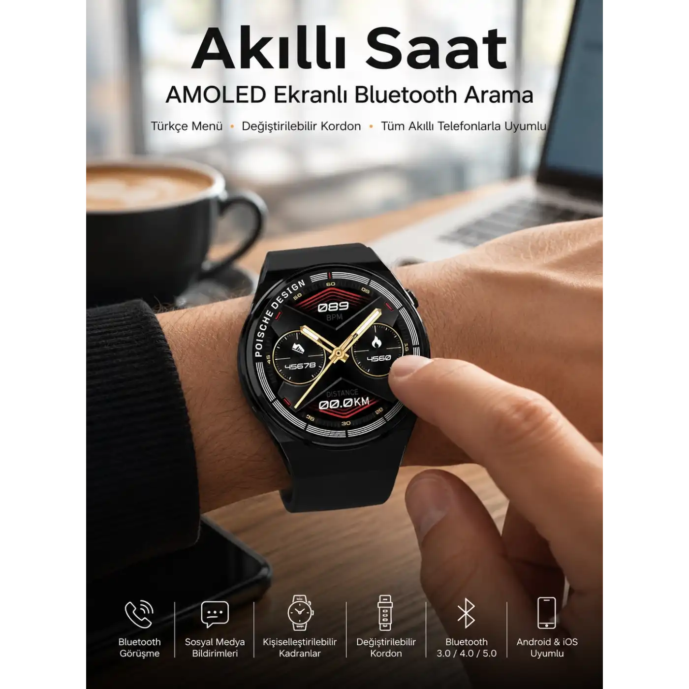 Bluetooth Bağlantılı Akıllı Saat Tüm Telefonlara Uyumlu Değiştirilebilir Kordon