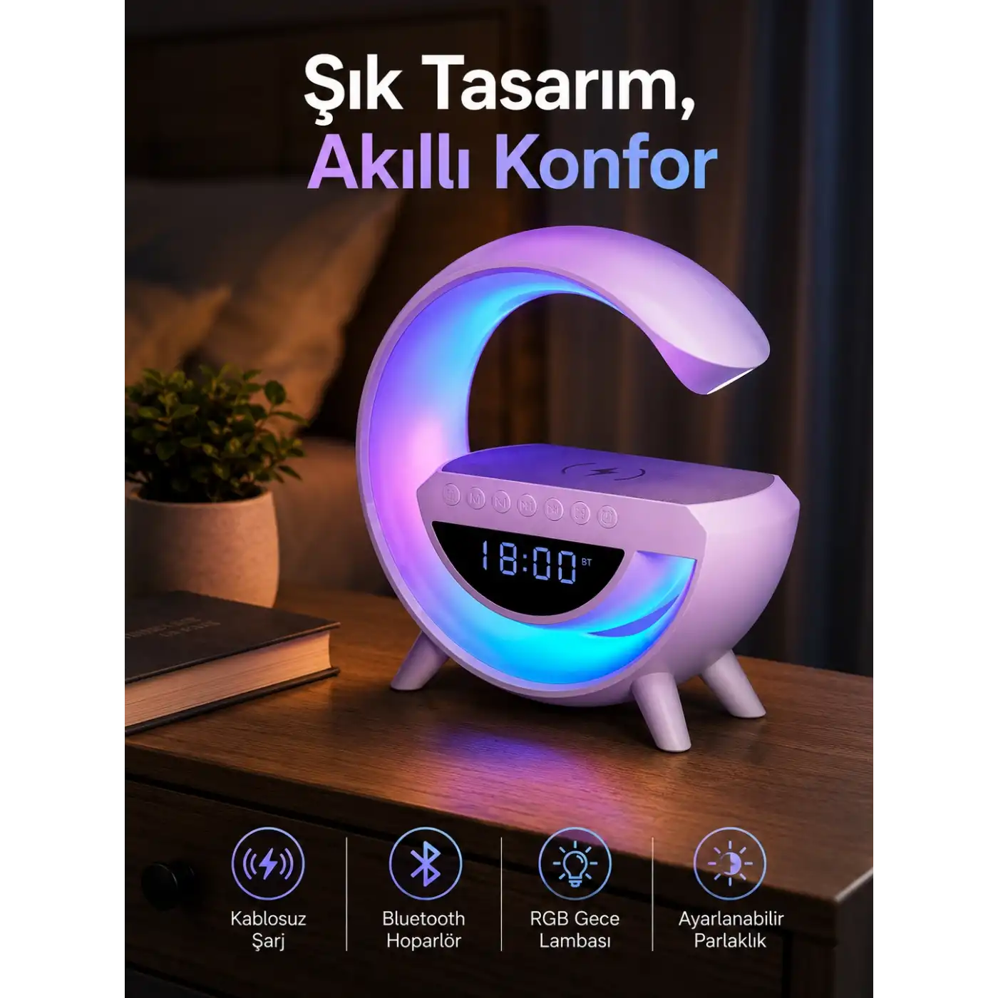 Bluetooth Hoparlör 15W Kablosuz Hızlı Şarj LED Gece Lambası