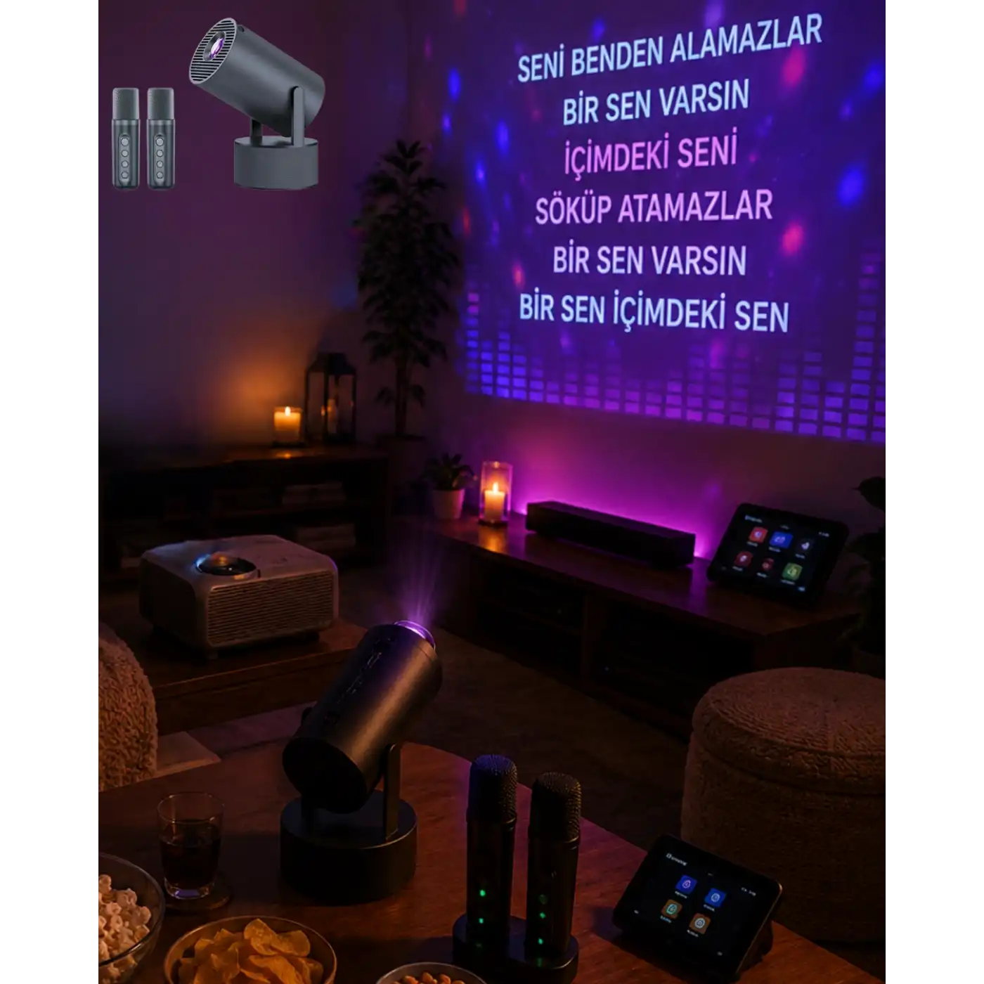 Bluetooth Hoparlörlü Akıllı Projektör Kablosuz Karaoke Mikrofonlu