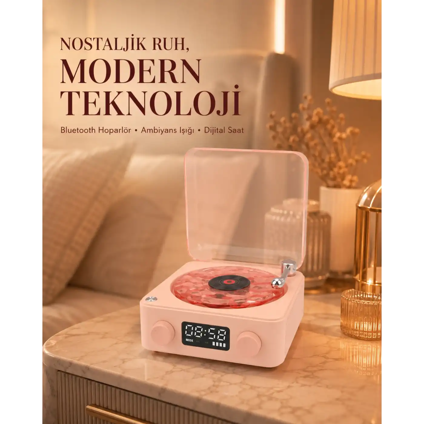 Bluetooth Hoparlörlü Gece Lambası Dijital Saatli Şeffaf Su Dalgası Işıklı Dekoratif