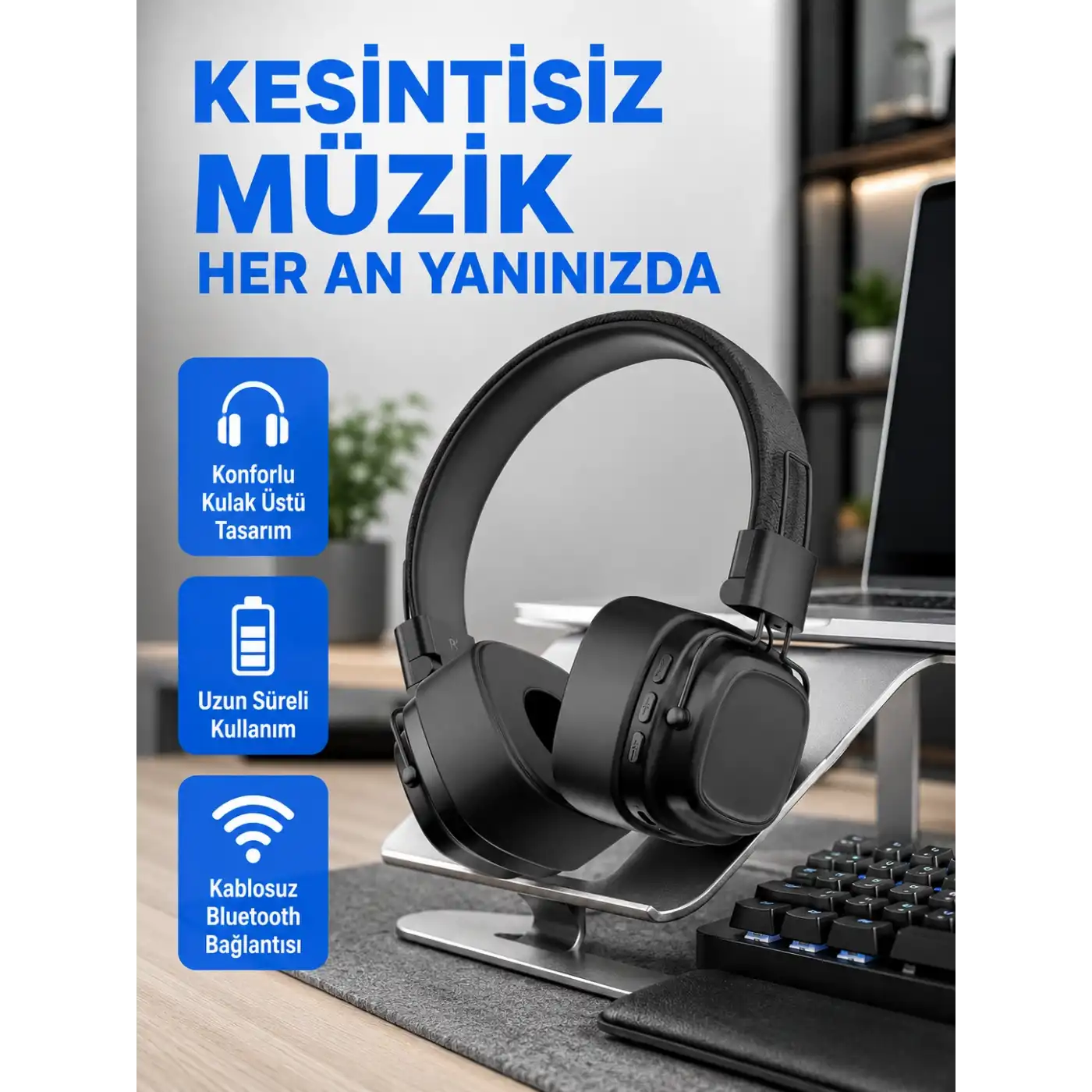 Bluetooth Kablosuz Kulak Üstü Kulaklık Katlanabilir Konforlu ve Şık Tasarımlı