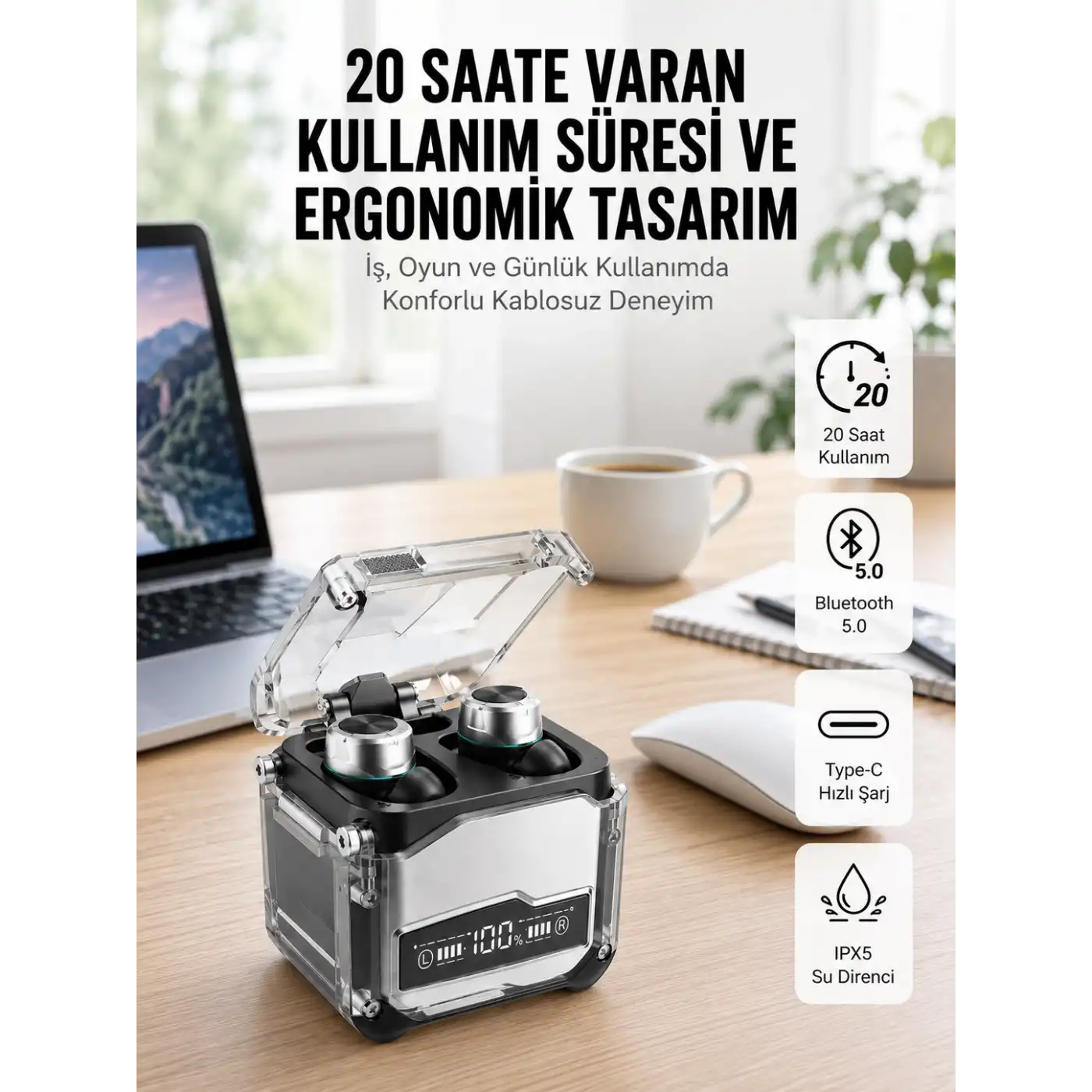 Bluetooth Kulaklık Dokunmatik Kontrol Tws kablosuz kulaklık Hi-fi Stereo
