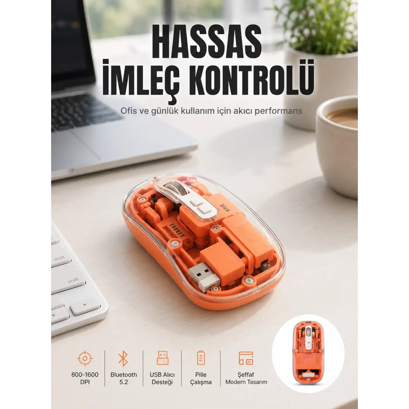 Bluetooth ve USB Destekli Kablosuz Şeffaf Mouse Sessiz Kullanım Yeni Nesil