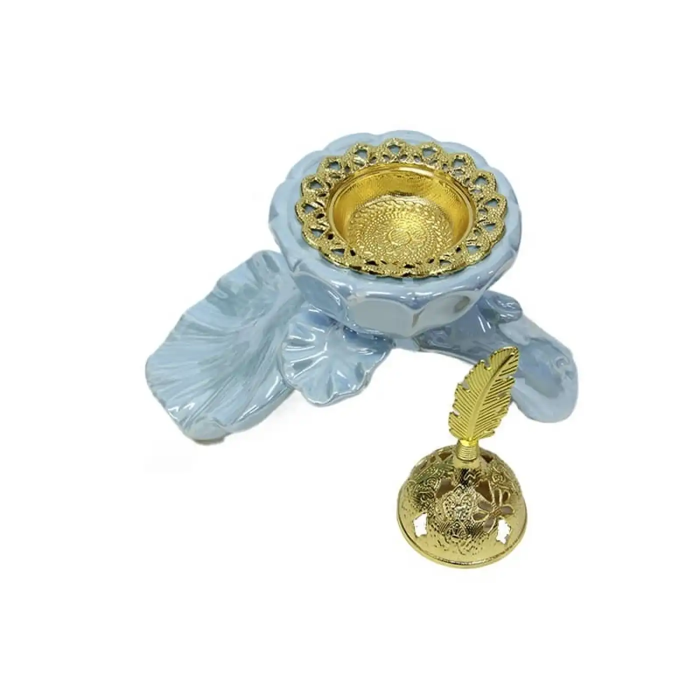 Buhurdanlık Seramik Yaprak Ve Çiçek Altın Kapak Dekorlu