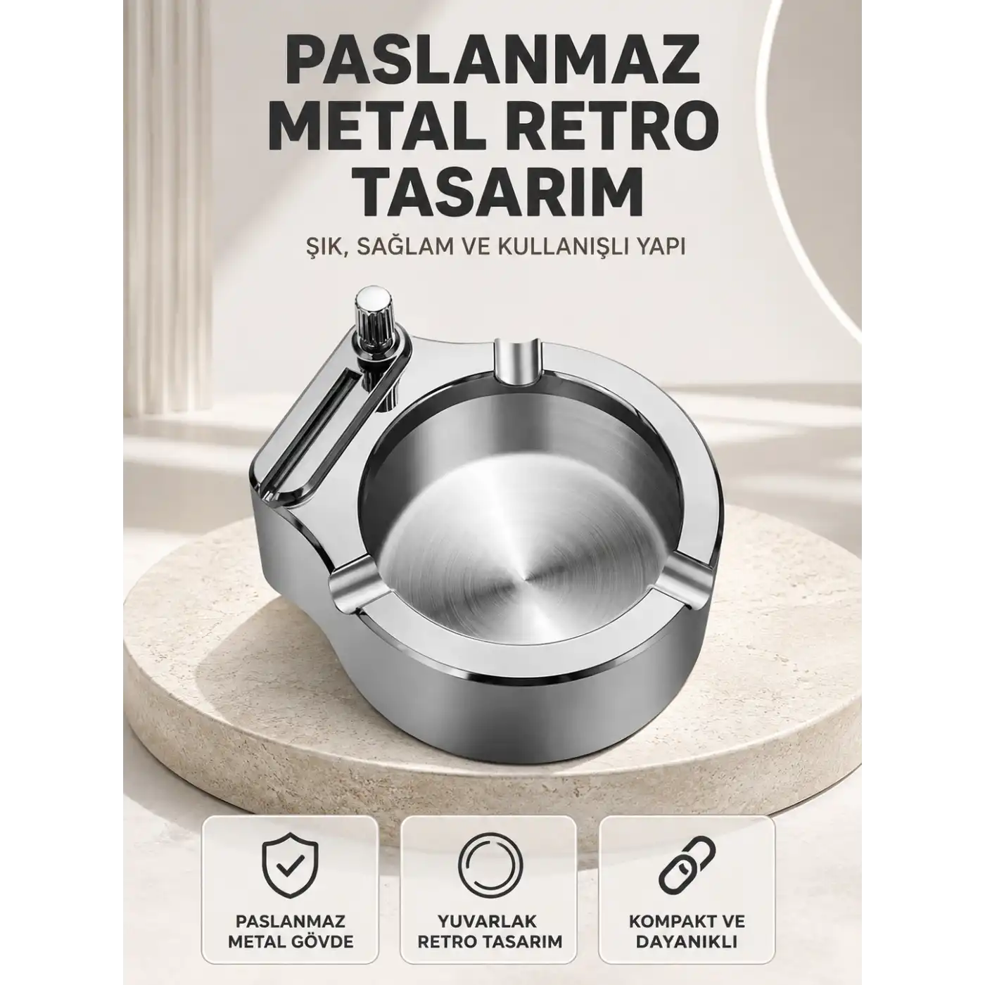 Çakmaklı Küllük Paslanmaz Metal Yuvarlak Tasarım