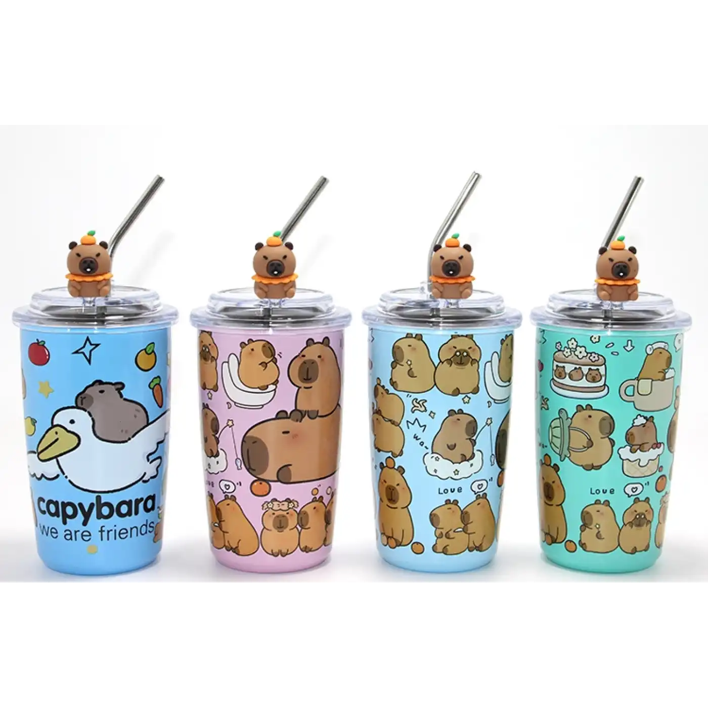 Capybara Figürlü Isı Muhafazalı Metal Pipetli Paslanmaz Çelik Kupa