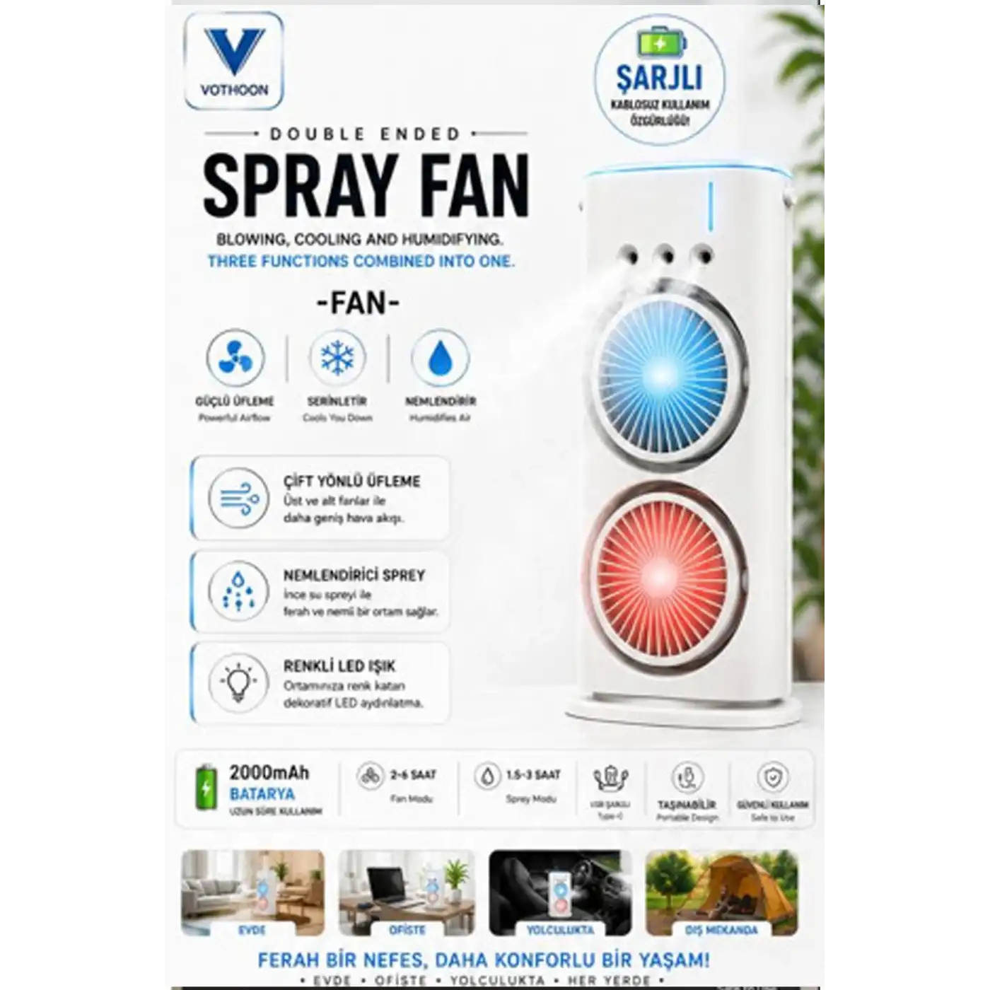 Çift Başlıklı Sprey Fan Nemlendirici Ve Renkli Led Işıklı Beyaz