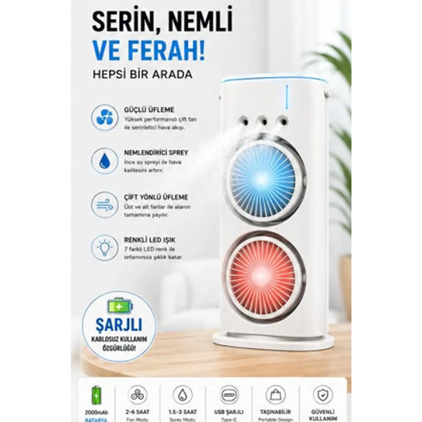 Çift Başlıklı Sprey Fan Nemlendirici Ve Renkli Led Işıklı Beyaz