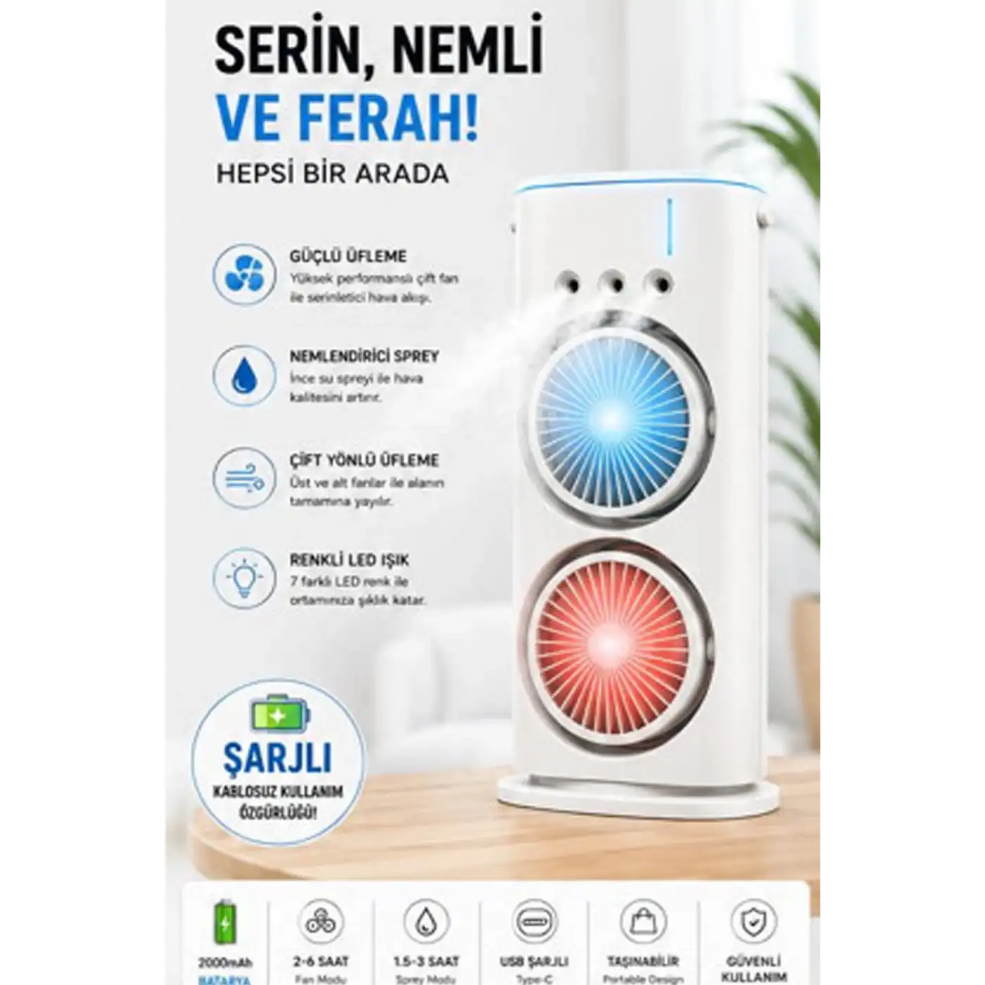 Çift Başlıklı Sprey Fan Nemlendirici Ve Renkli Led Işıklı Beyaz