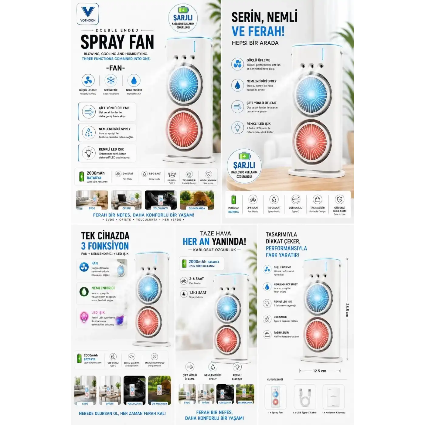 Çift Başlıklı Sprey Fan Nemlendirici Ve Renkli Led Işıklı Beyaz