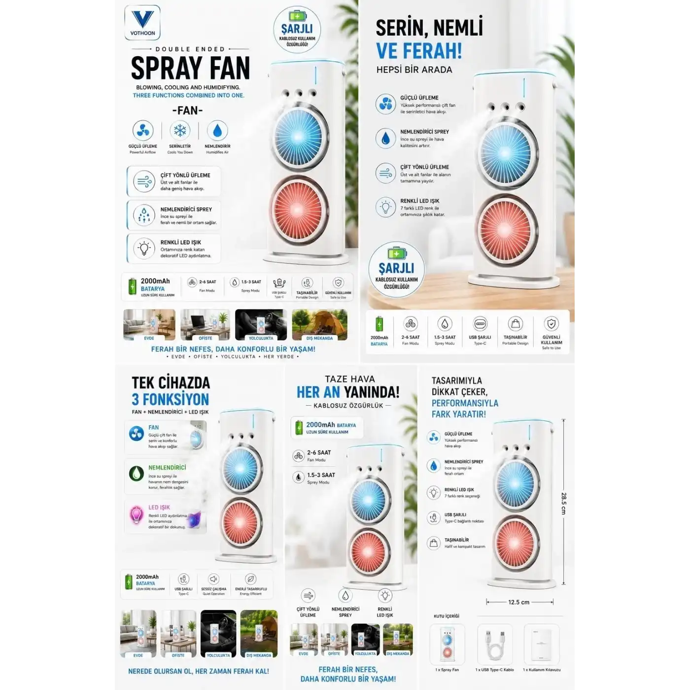 Çift Başlıklı Sprey Fan Nemlendirici Ve Renkli Led Işıklı Beyaz