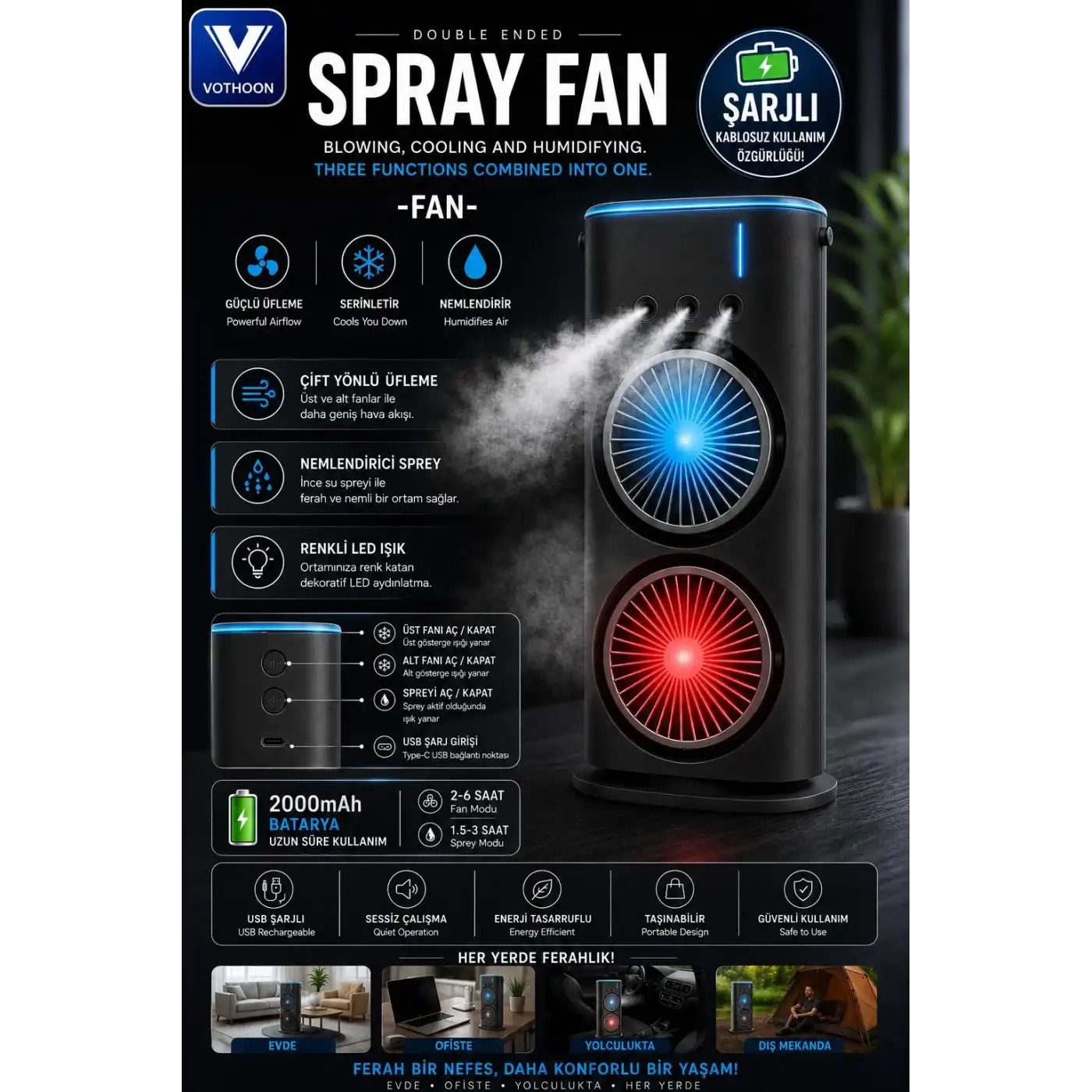 Çift Başlıklı Sprey Fan Nemlendirici Ve Renkli Led Işıklı Siyah