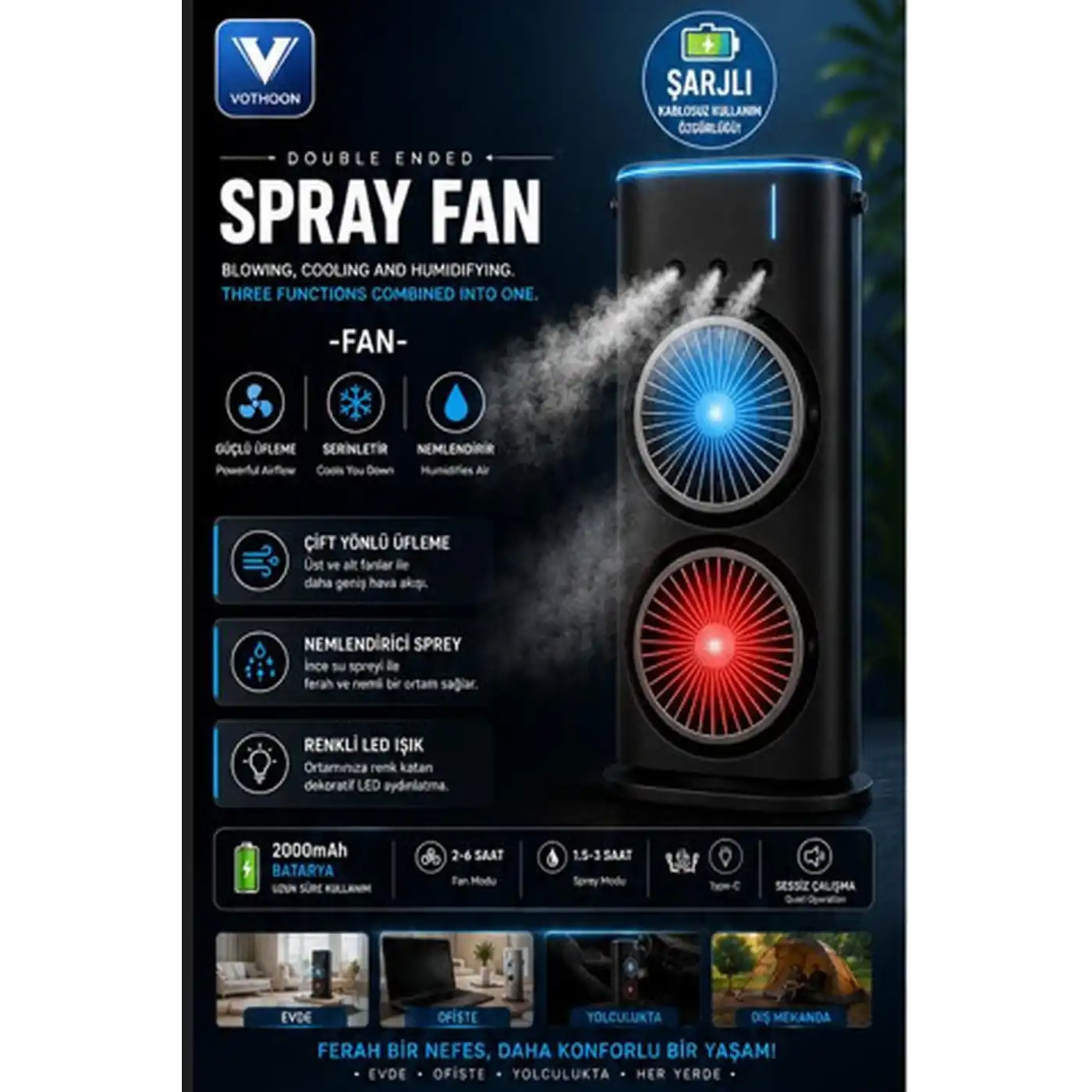 Çift Başlıklı Sprey Fan Nemlendirici Ve Renkli Led Işıklı Siyah